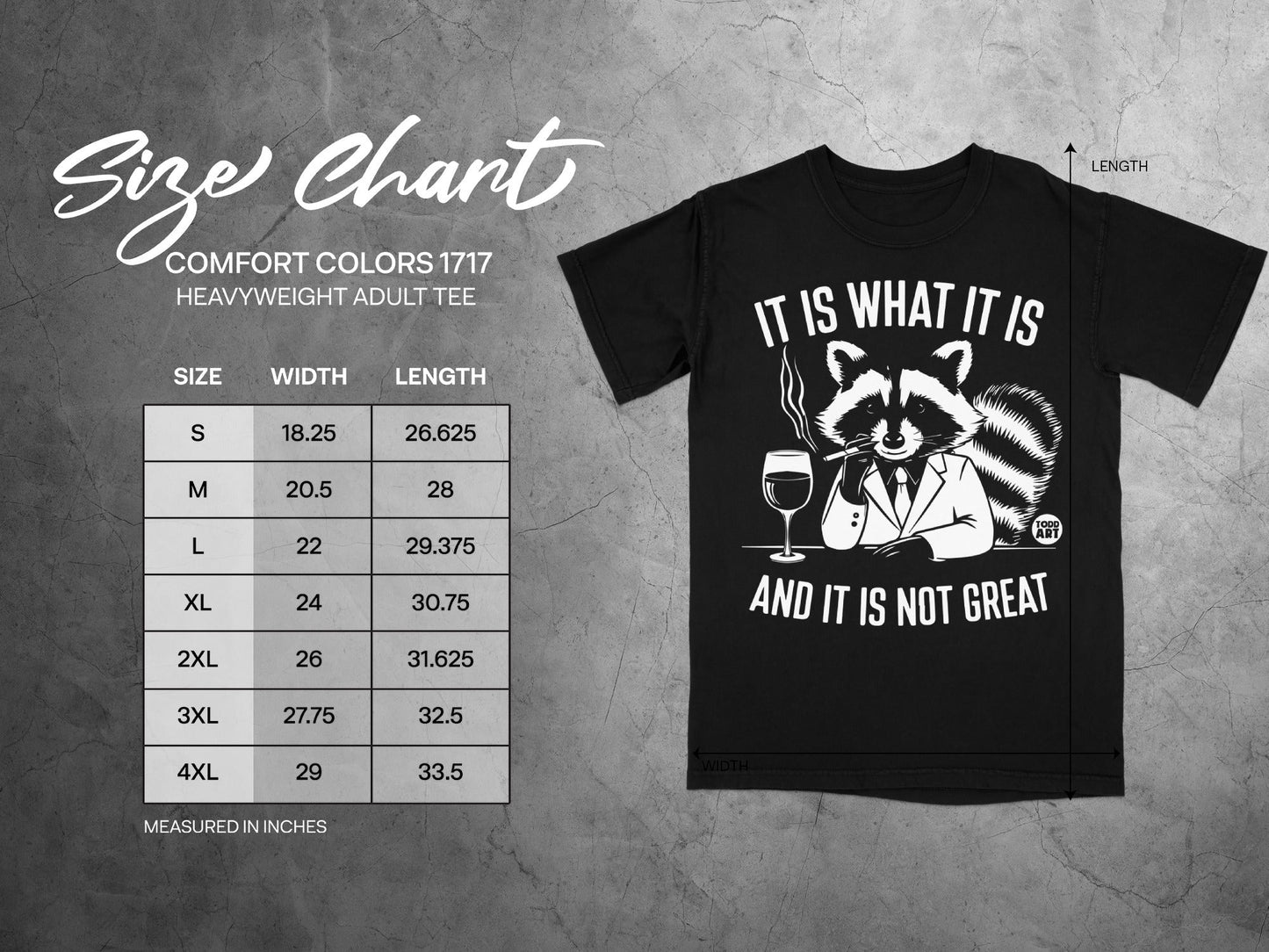 Comfort Colors 1717 heavyweight adult tee size chart with graphic.