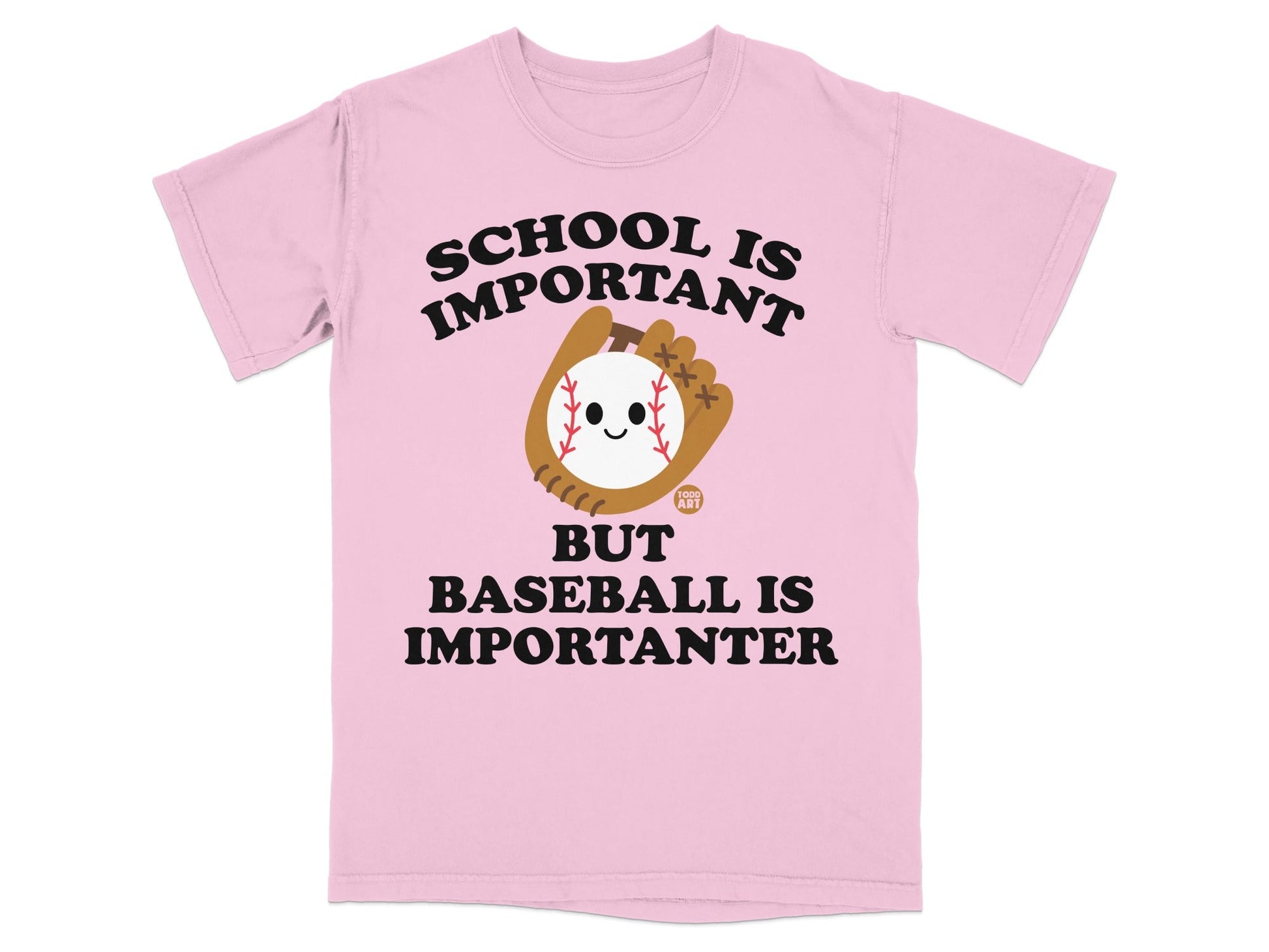 Pink t-shirt with "School is important, but baseball is importanter" text and baseball graphic.