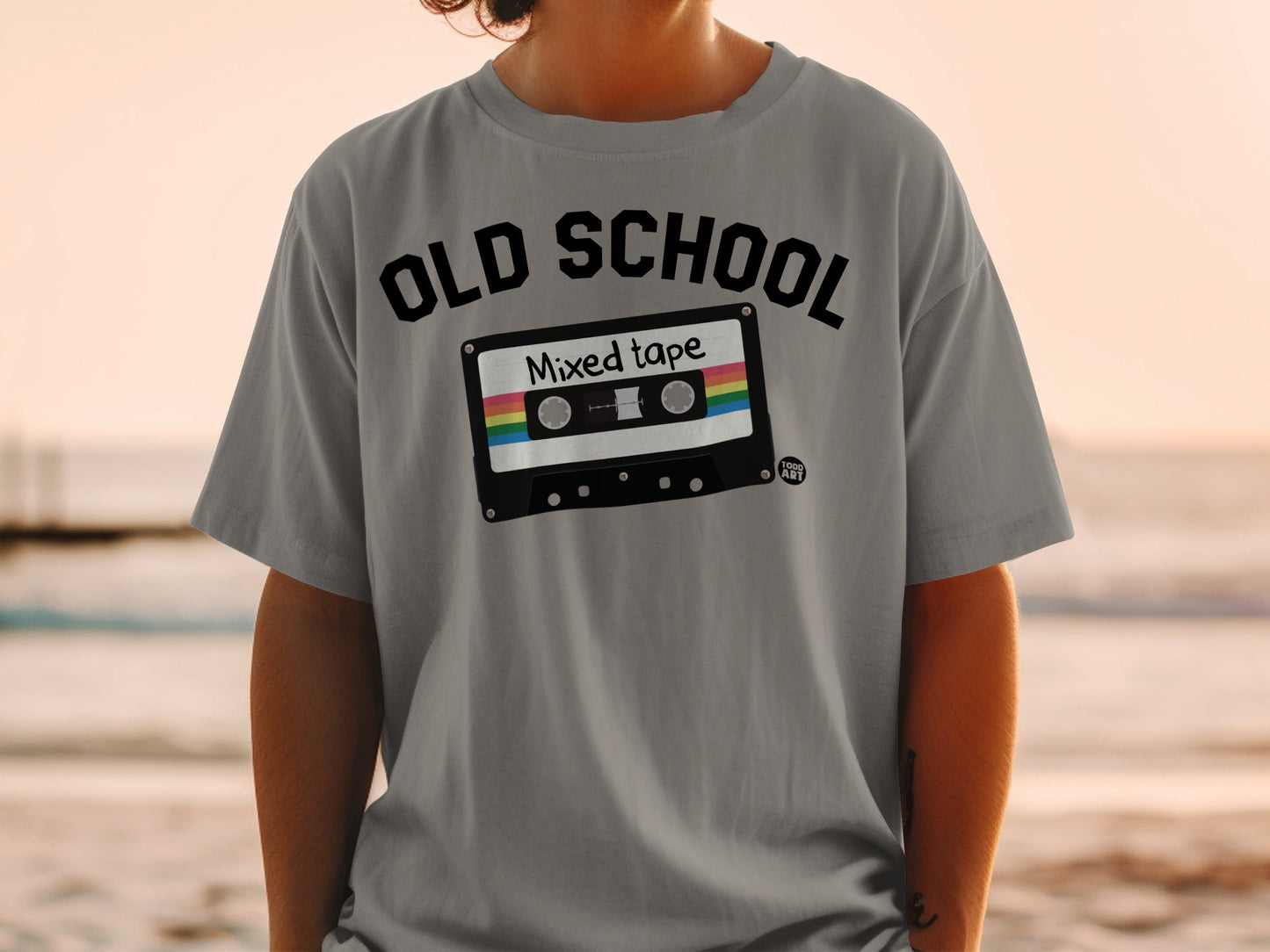 Gray t-shirt with "OLD SCHOOL" and a cassette tape graphic.