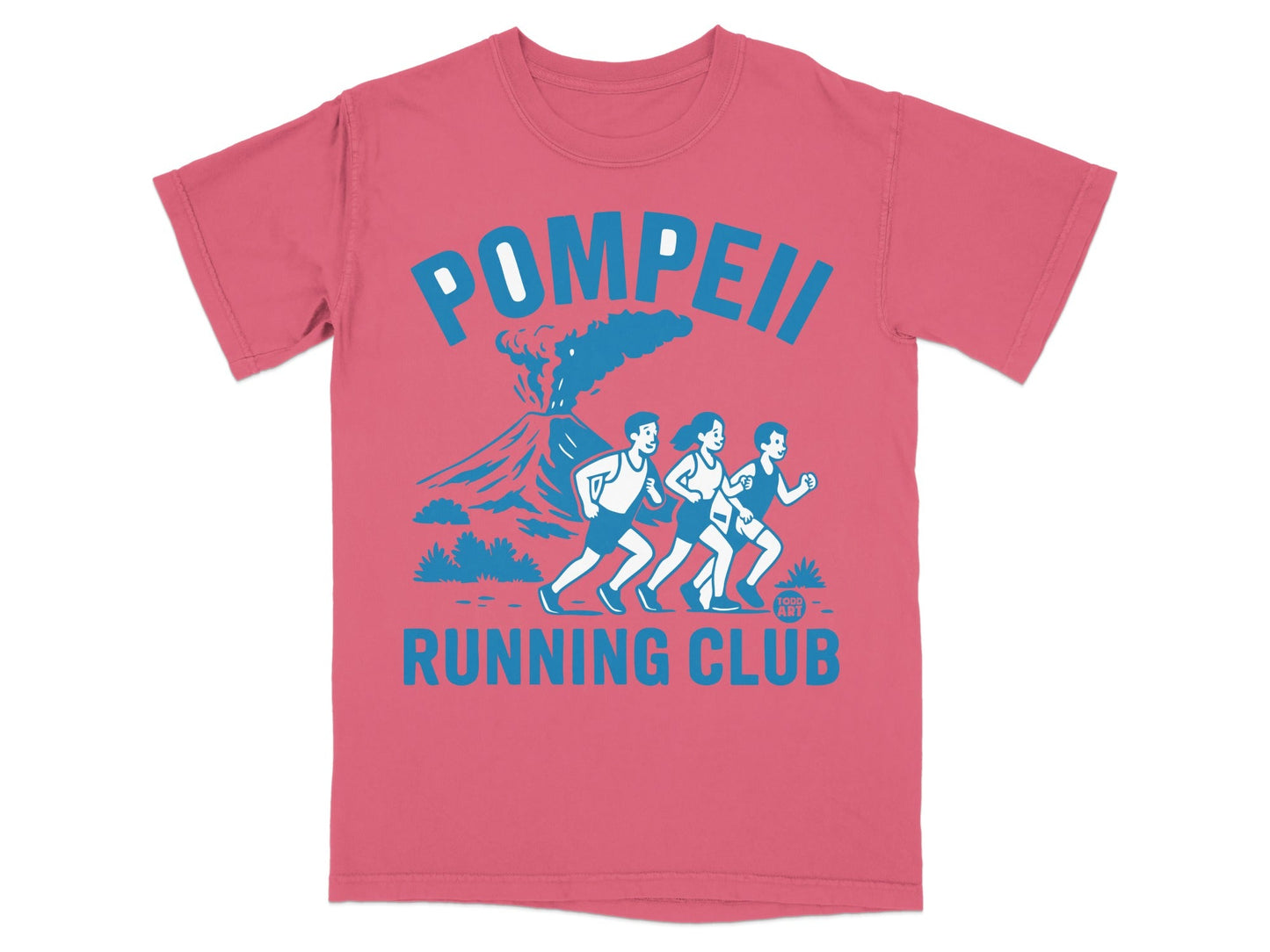 T-shirt with "Pompeii Running Club" text, volcano, and runners in blue graphic.