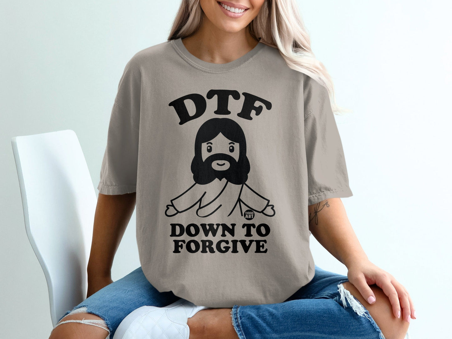 DTF Down To Forgive graphic t-shirt with Jesus design.