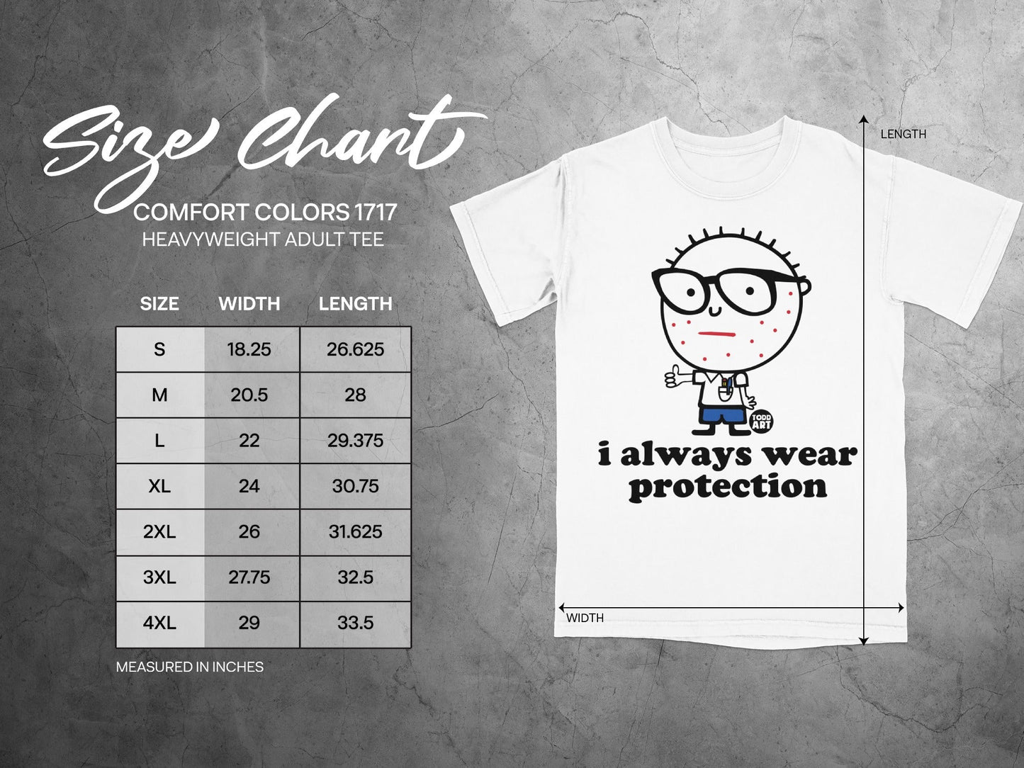 Comfort Colors 1717 heavyweight tee size chart and t-shirt with cartoon.