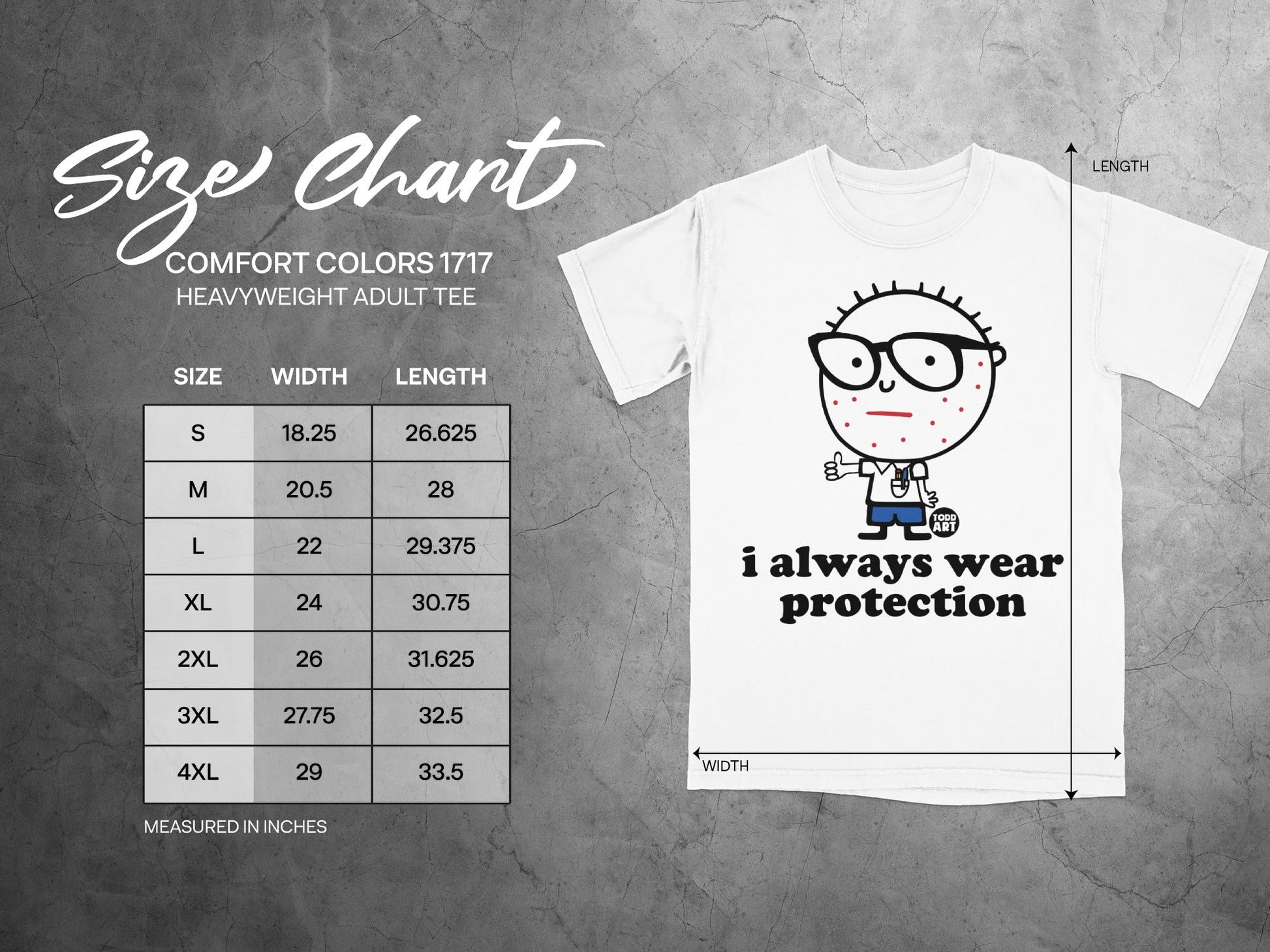 Comfort Colors 1717 heavyweight tee size chart and t-shirt with cartoon.