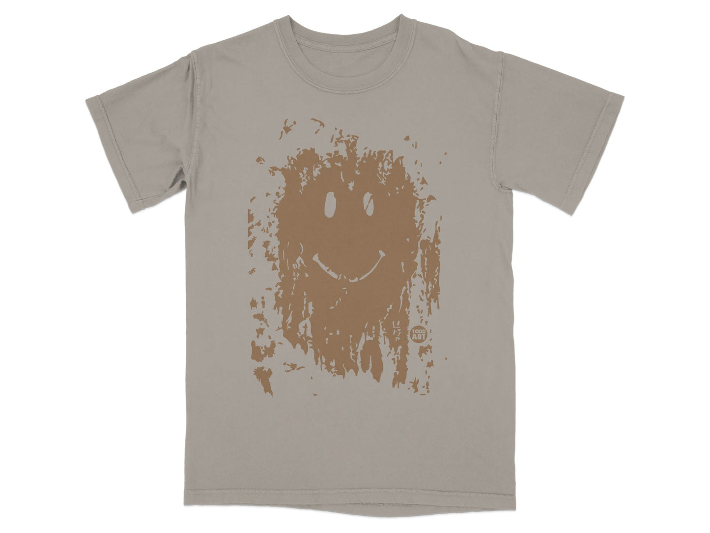 Gray t-shirt with distressed brown smiley face graphic.