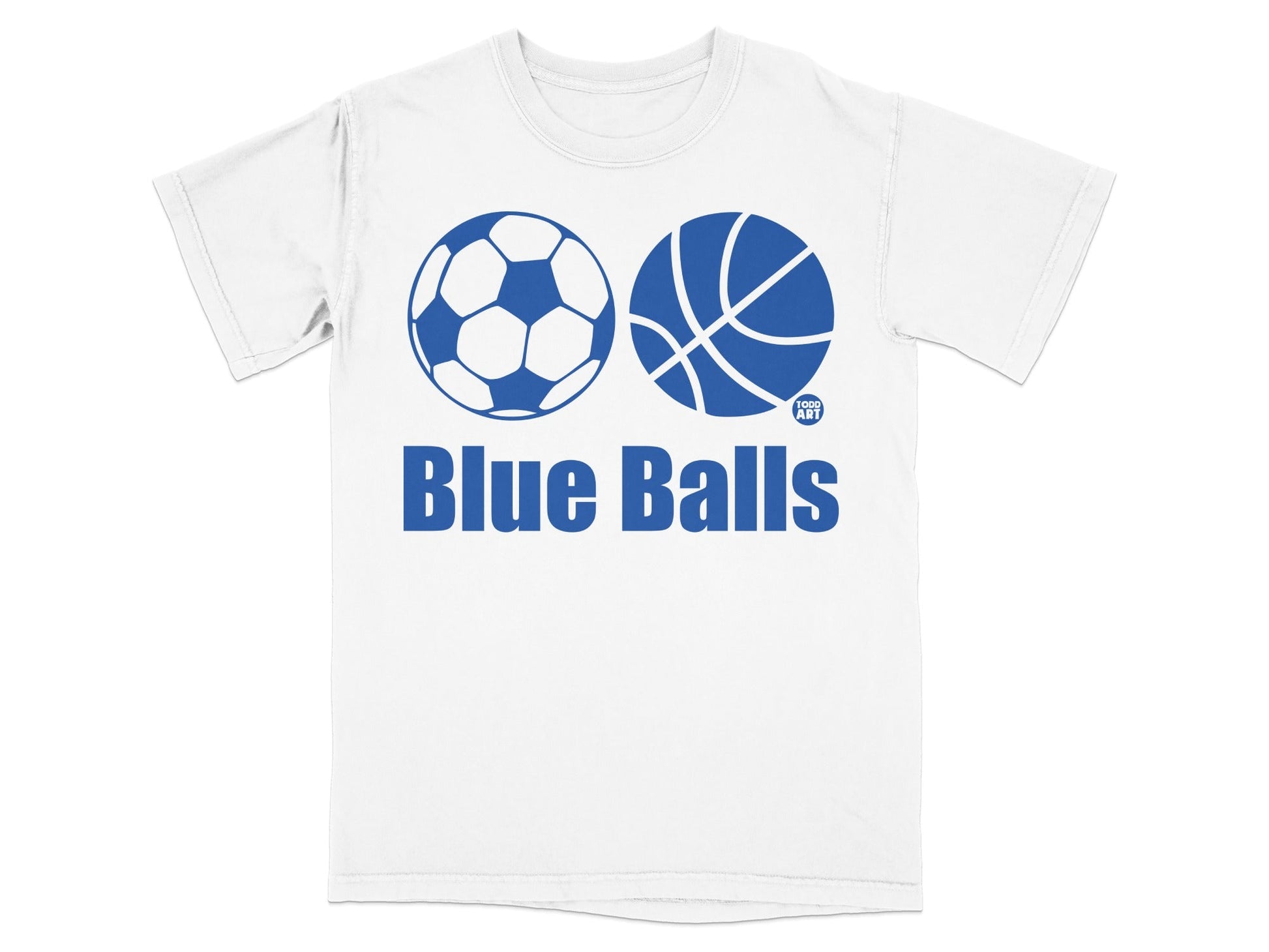 White t-shirt with blue soccer ball and basketball design, text "Blue Balls".