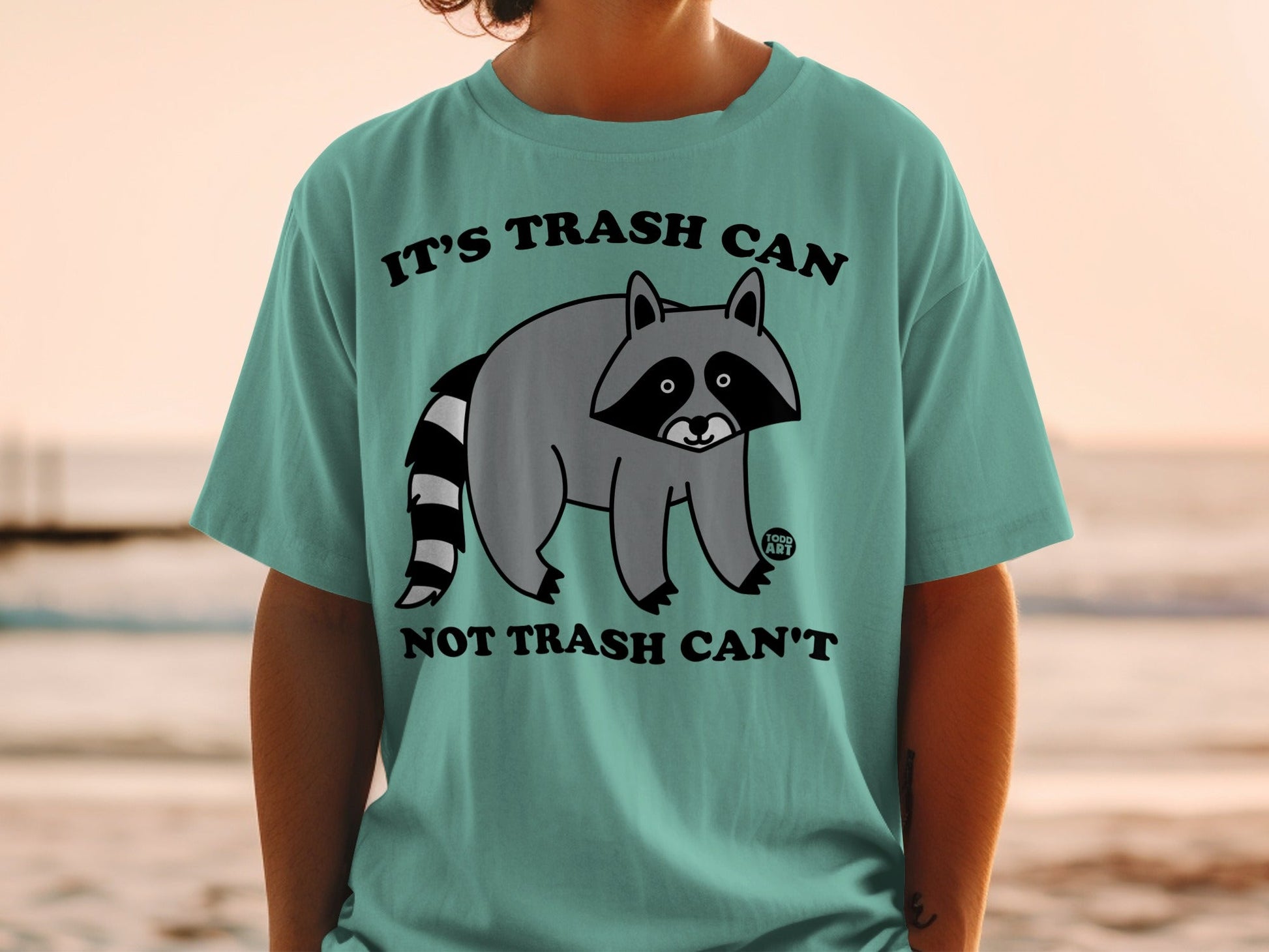 Raccoon graphic on teal t-shirt with text "IT'S TRASH CAN NOT TRASH CAN'T".