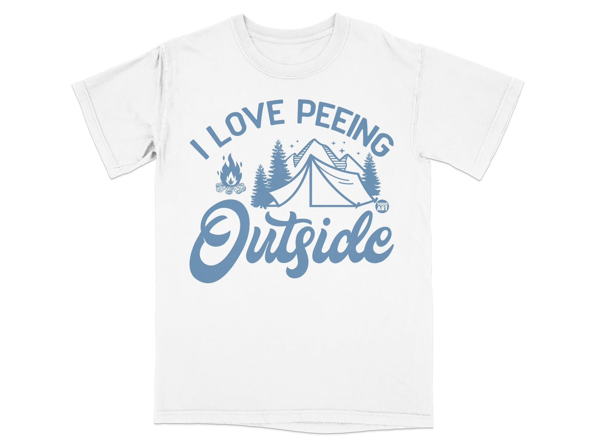 Blue graphic t-shirt with "I Love Peeing Outside" text and camping illustration.
