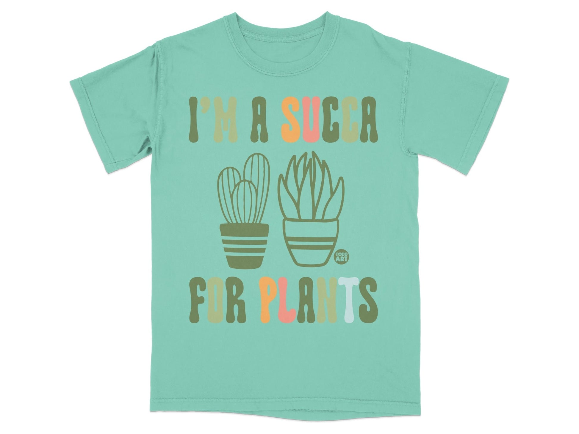 T-shirt with "I'm a succa for plants" text and potted succulents graphic.