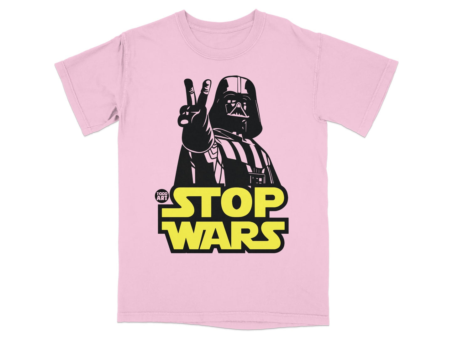 Darth Vader giving peace sign on pink t-shirt with "STOP WARS" text.