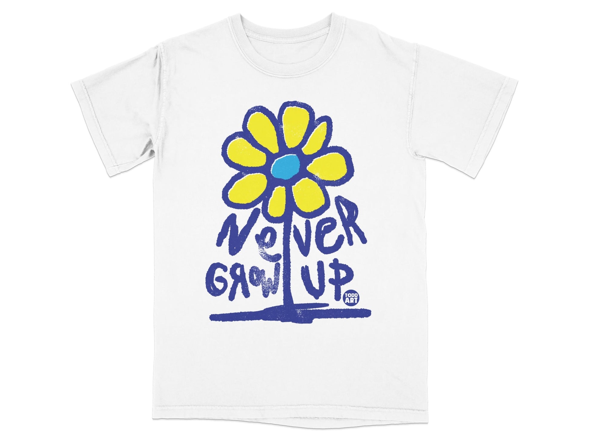 White t-shirt with a yellow and blue flower graphic and "Never Grow Up" text.
