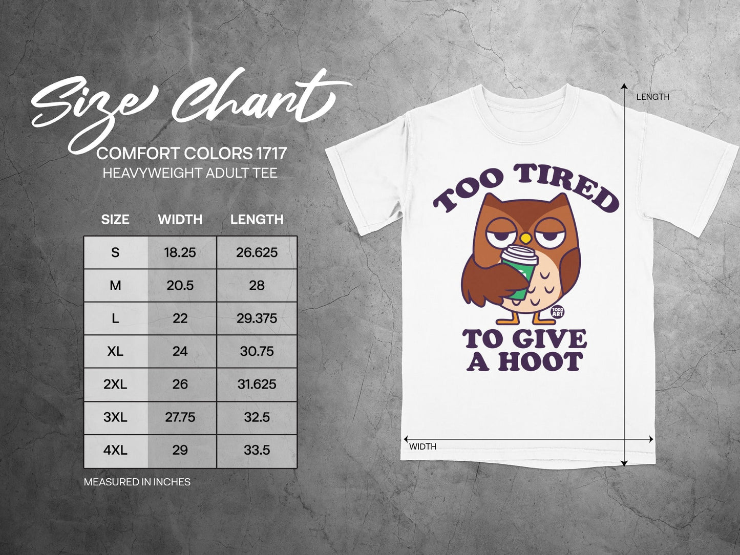 Size chart for Comfort Colors 1717 heavyweight adult tee with owl graphic.