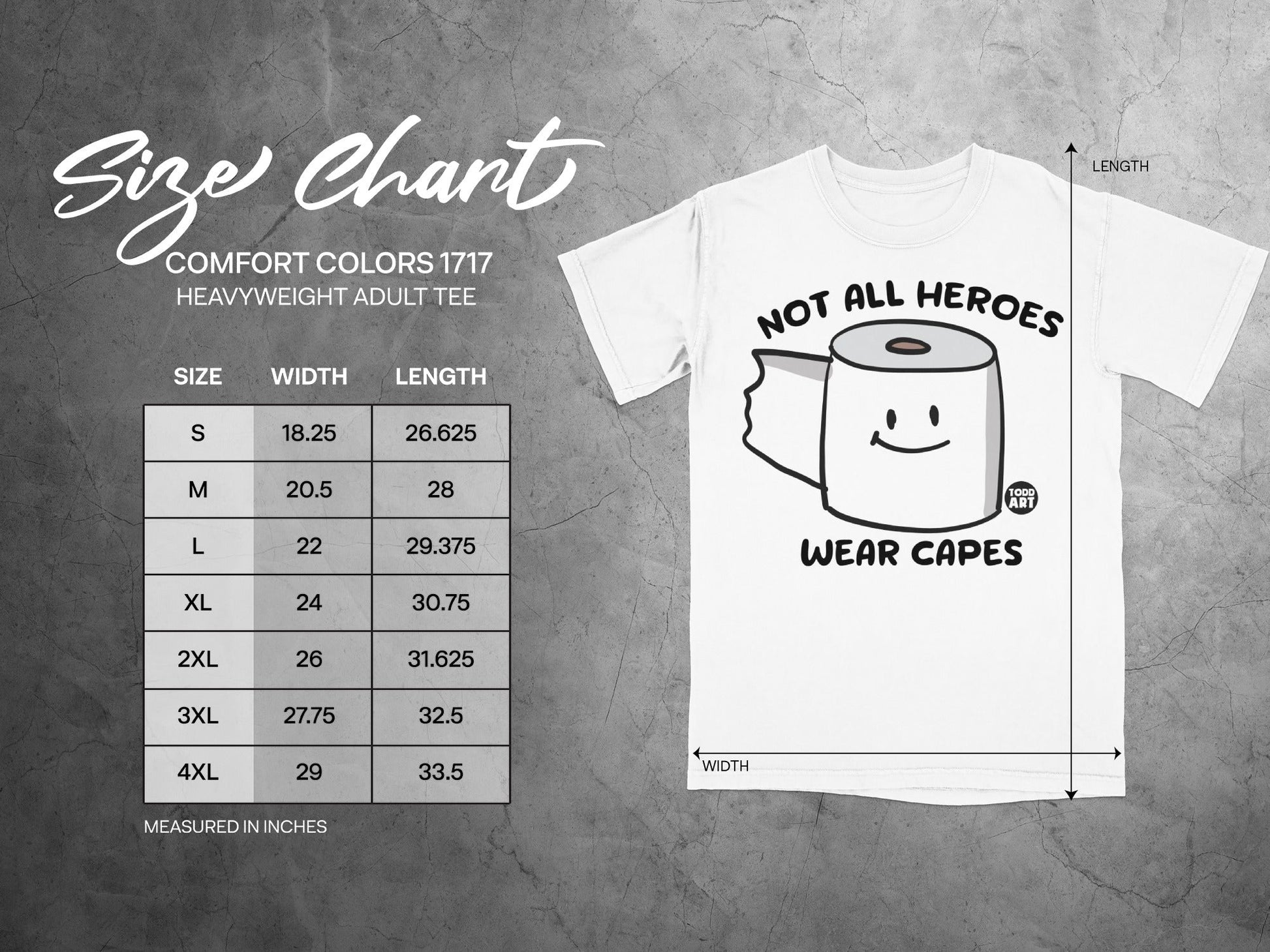 Comfort Colors 1717 heavyweight t-shirt size chart with dimensions in inches.