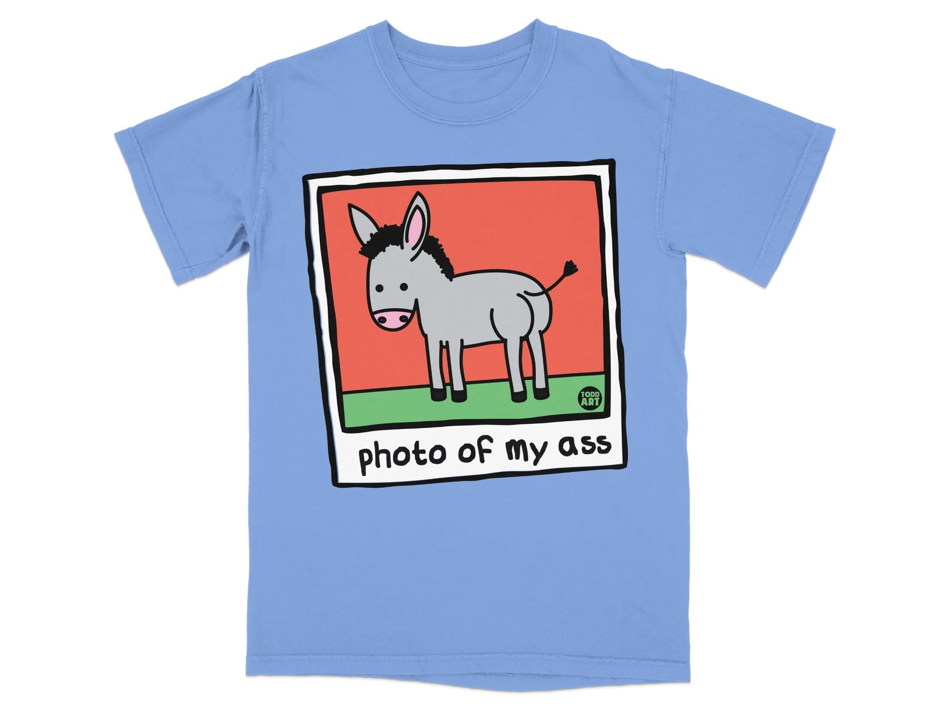 Light blue t-shirt with cartoon donkey illustration and "photo of my ass" text.