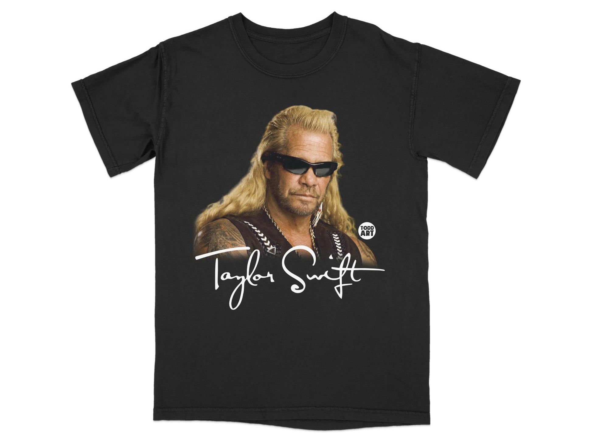 Black t-shirt with Dog the Bounty Hunter's portrait and "Taylor Swift" text.