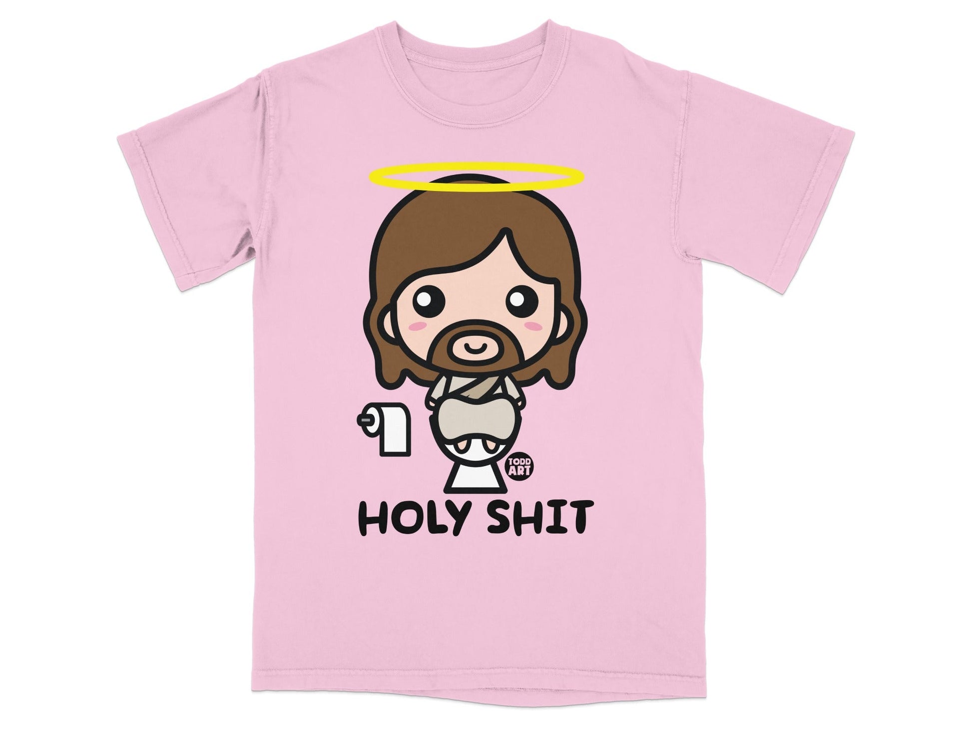 Pink t-shirt with a cartoon Jesus holding toilet paper, text "HOLY SHIT".