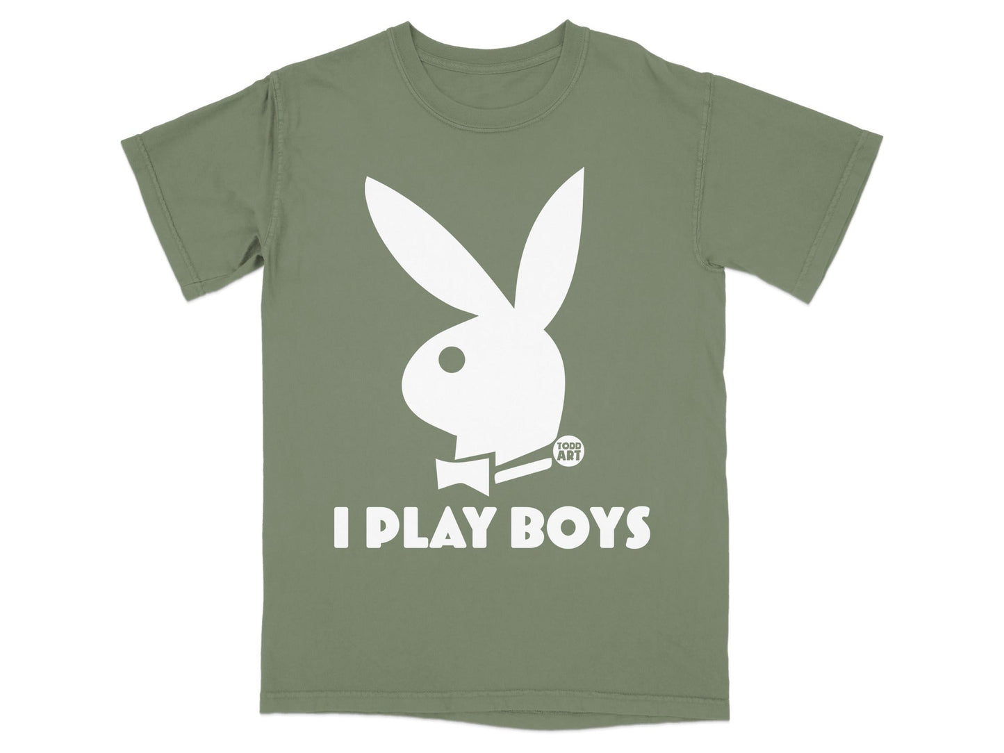 Olive green t-shirt with white Playboy bunny logo and text "I PLAY BOYS".