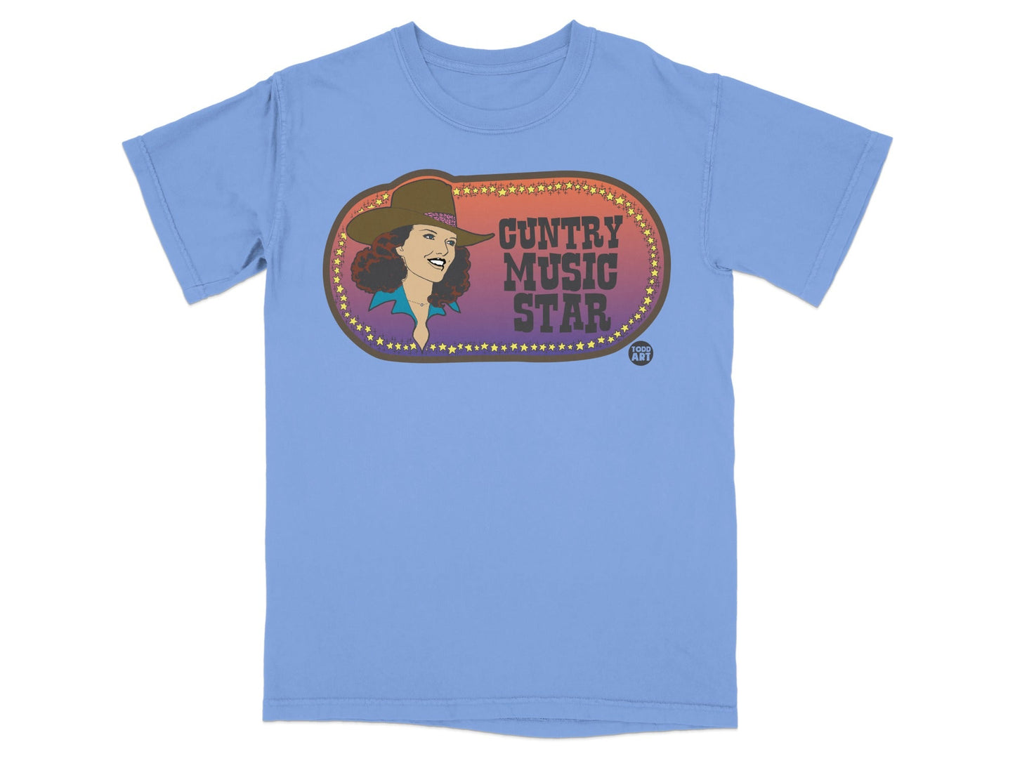 Light blue t-shirt with vintage country music star graphic.