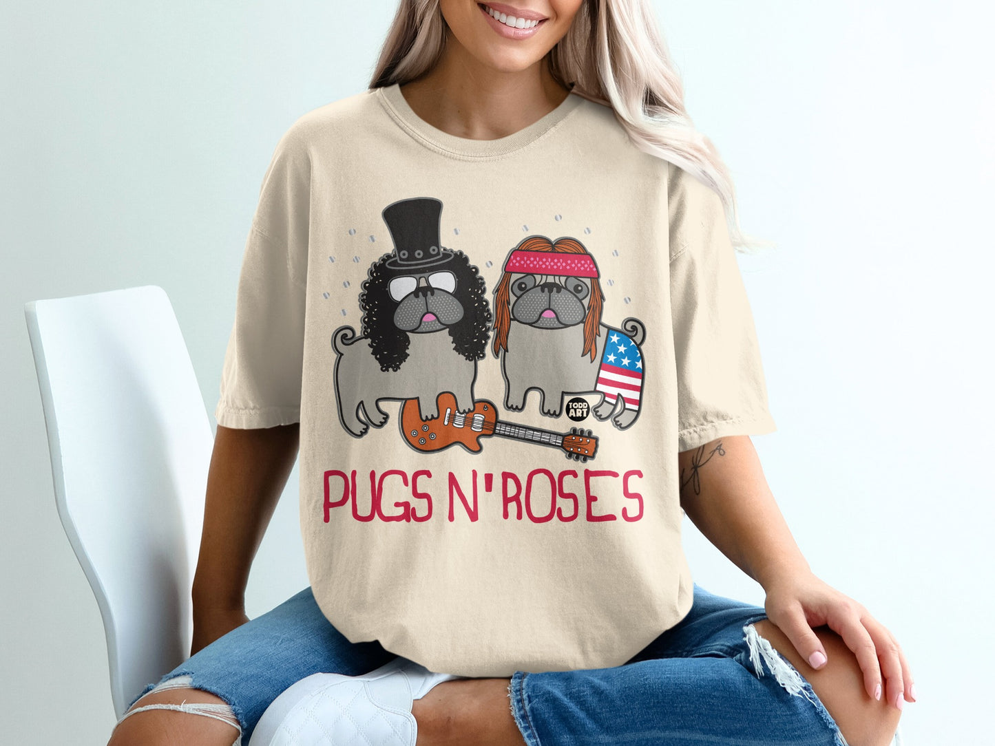 Pugs N' Roses Cute Dog Band Graphic Funny Tee Shirt