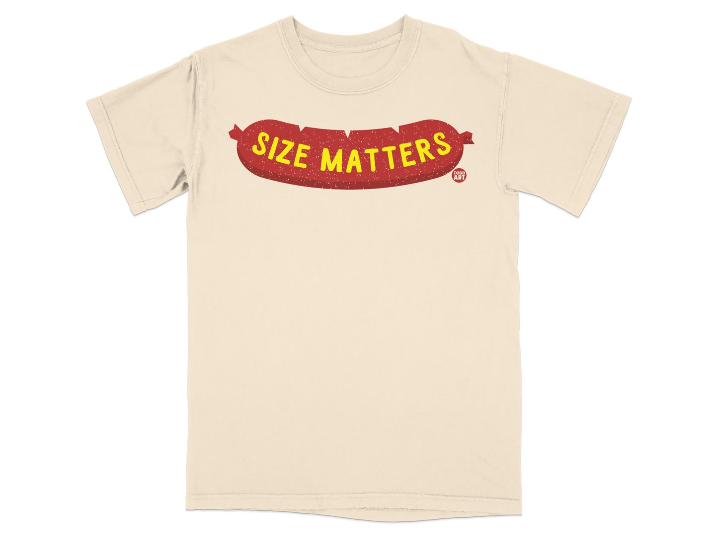 Cream t-shirt with red sausage graphic and "SIZE MATTERS" text.