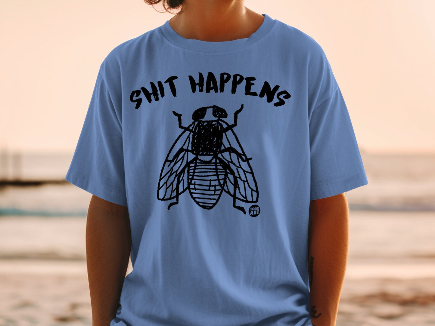 Shit Happens T-Shirt with Fly Illustration Graphic Tee