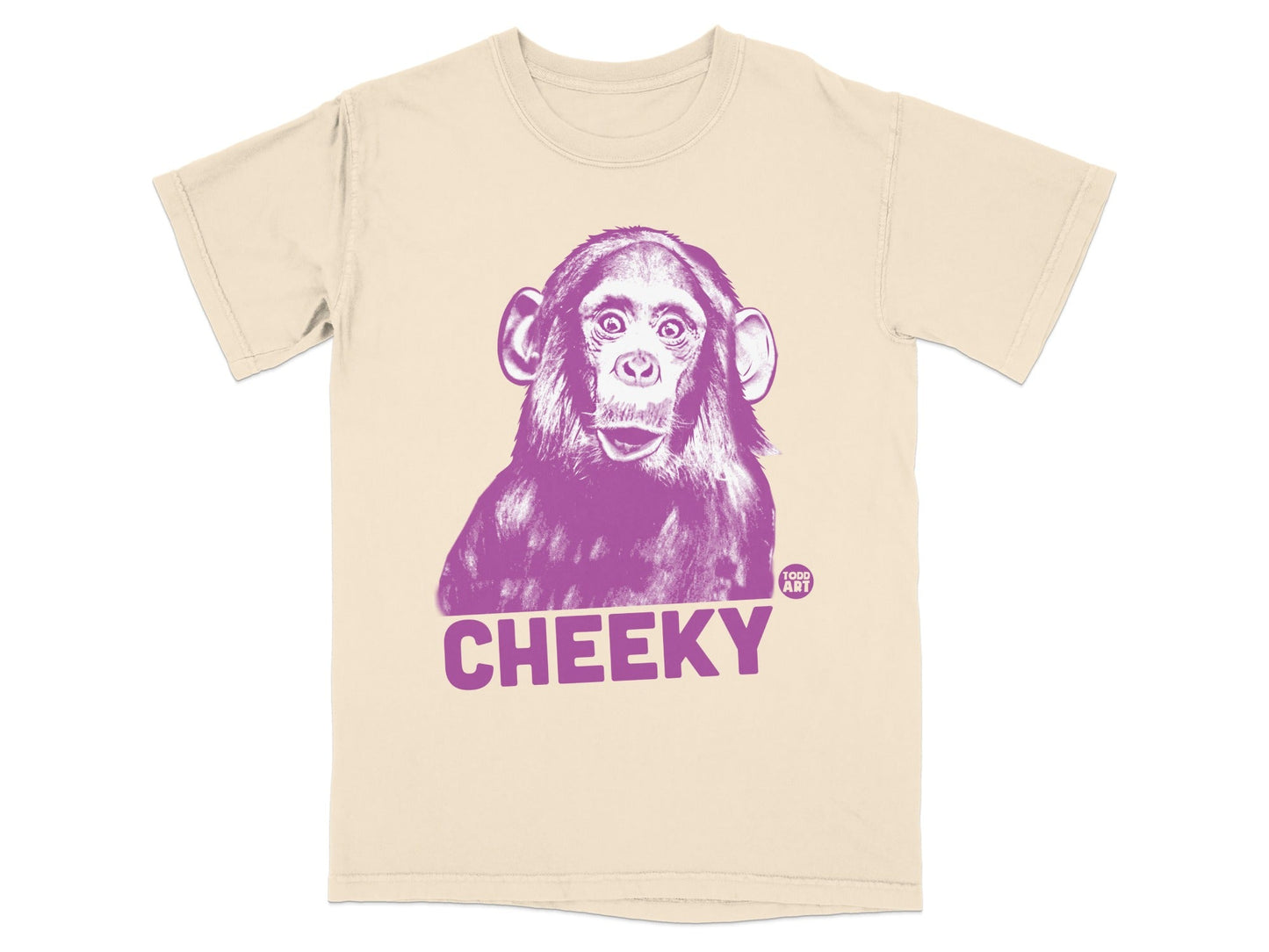 Cream t-shirt with a purple chimpanzee graphic and the word "CHEEKY".