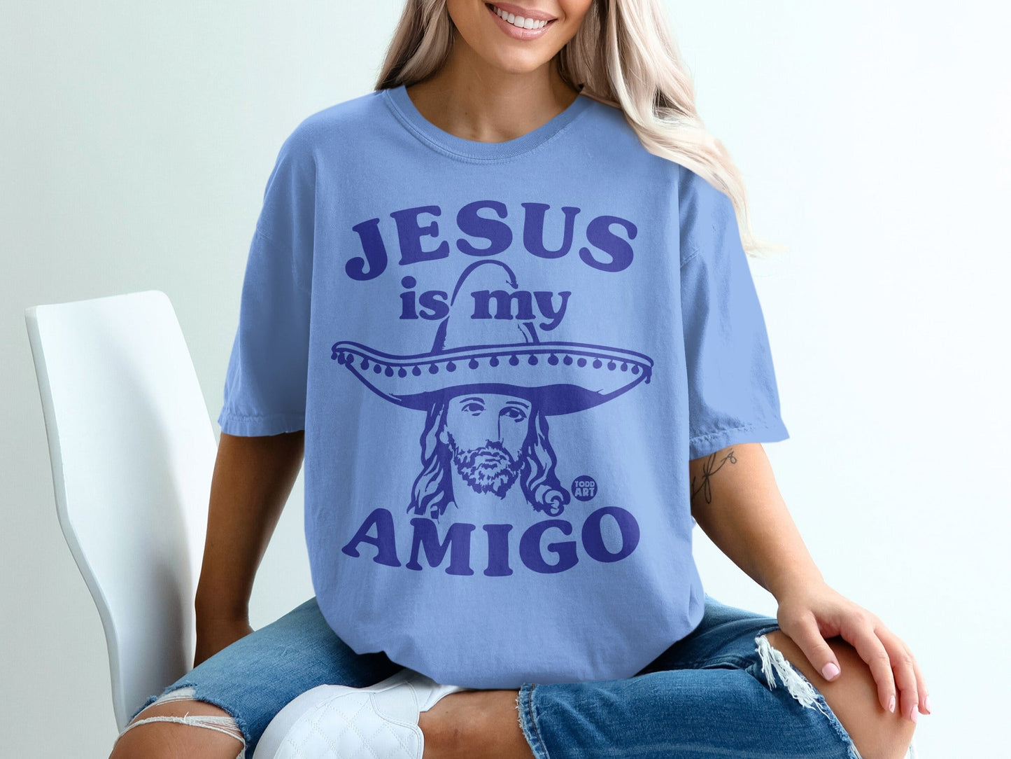 Jesus is my amigo graphic tee with sombrero.