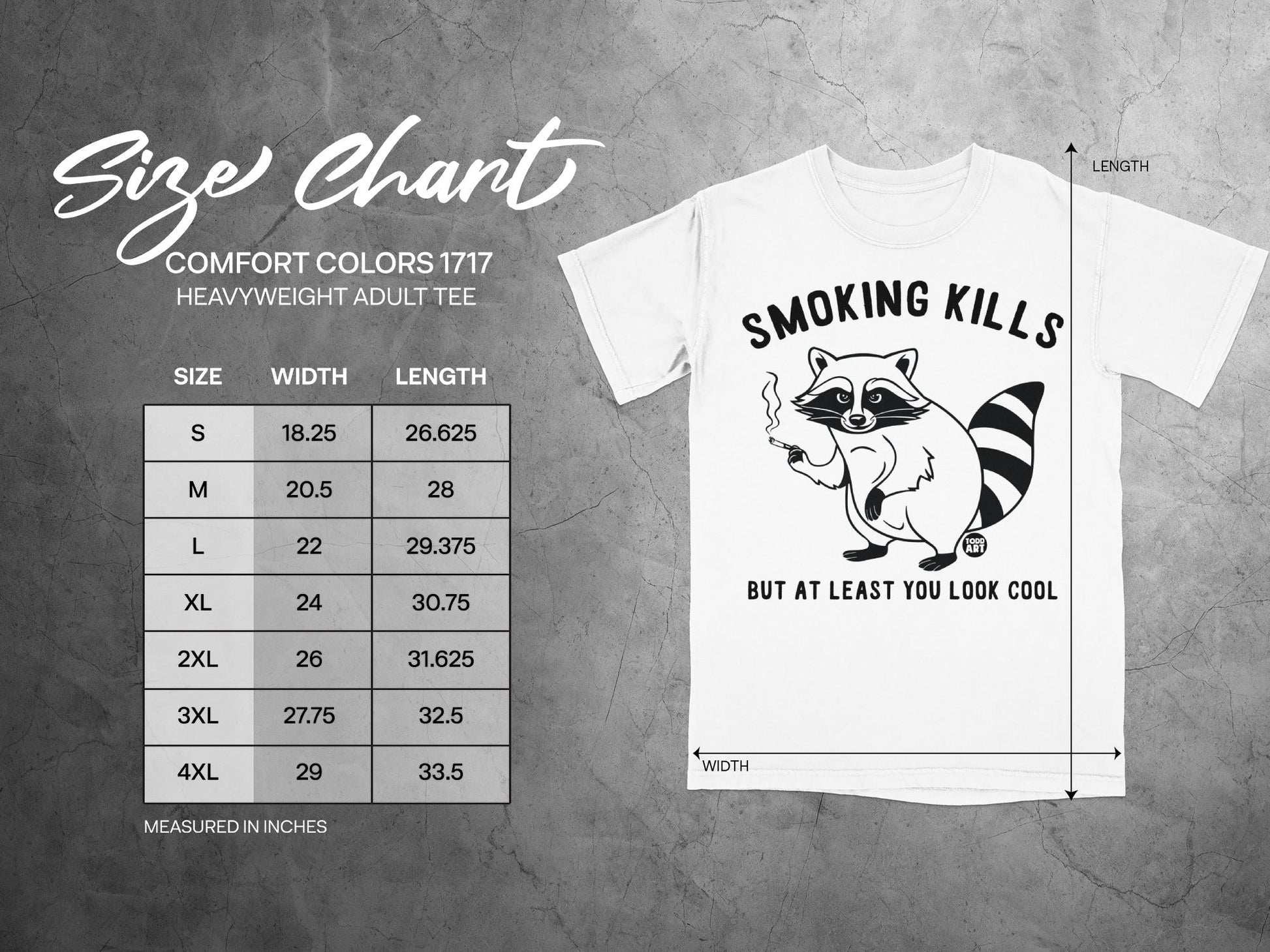 Comfort Colors 1717 size chart for heavyweight adult tees with t-shirt graphic.