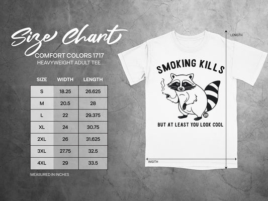 Comfort Colors 1717 size chart for heavyweight adult tees with t-shirt graphic.