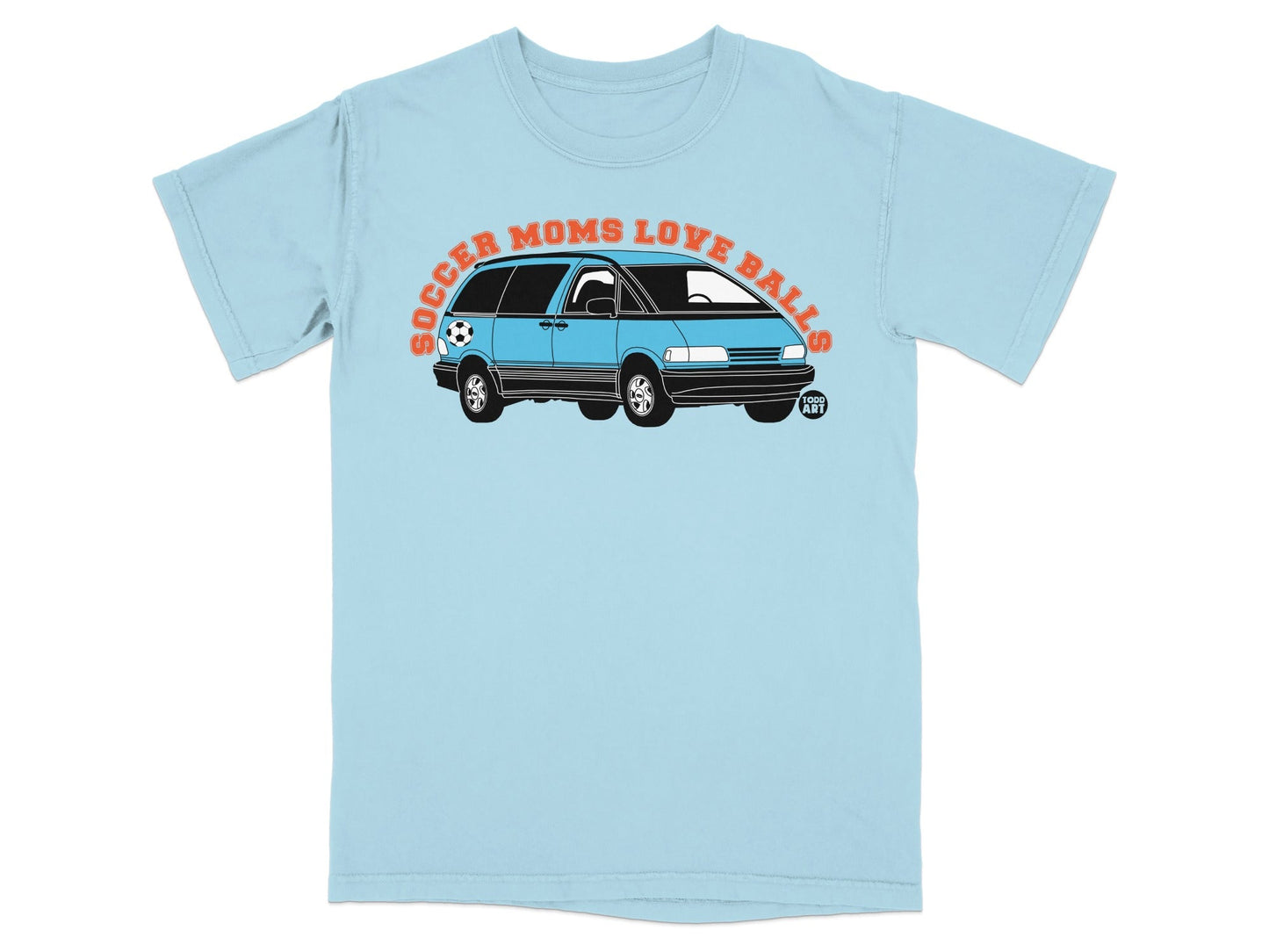 Light blue t-shirt with "Soccer Moms Love Balls" text and a blue minivan.