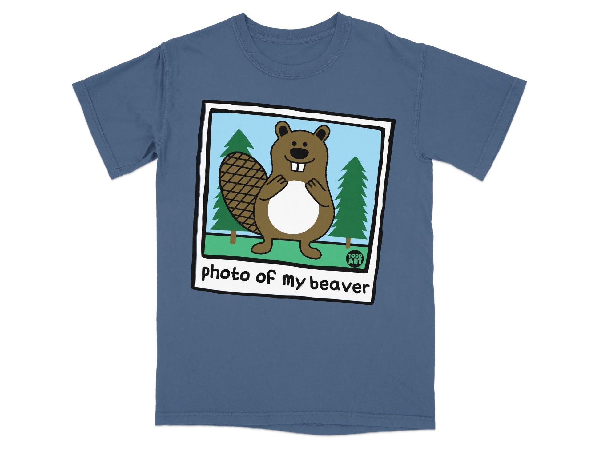 Beaver illustration with text "photo of my beaver" on a blue t-shirt.