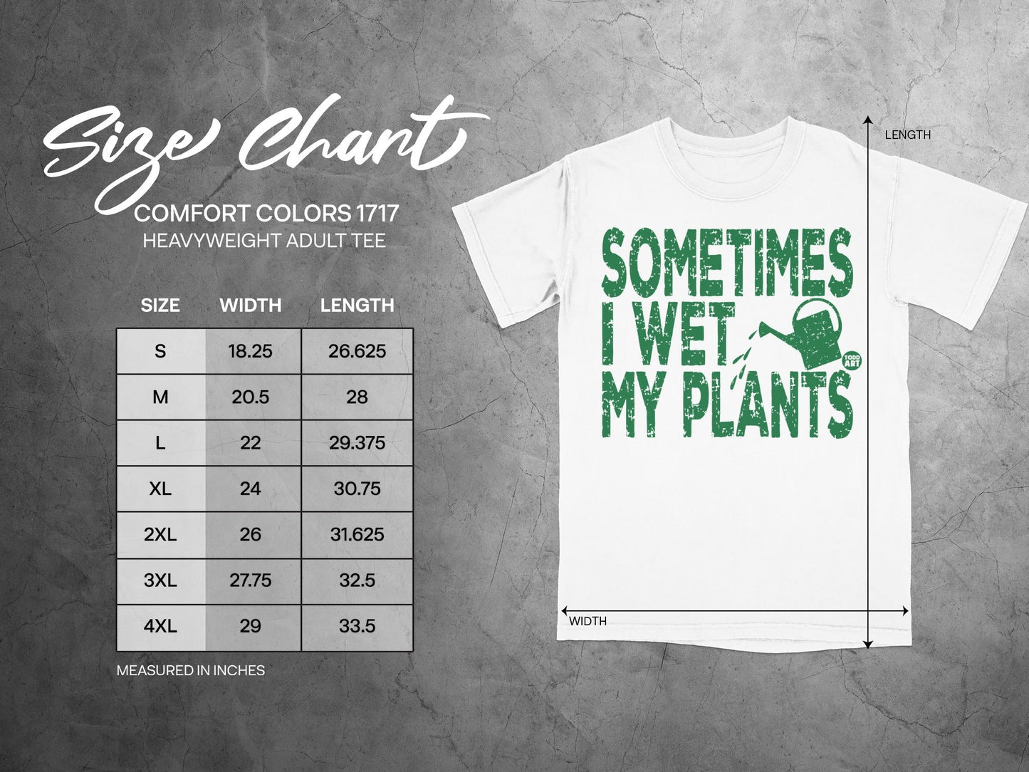 Size chart for Comfort Colors 1717 heavyweight adult tee, with measurements.
