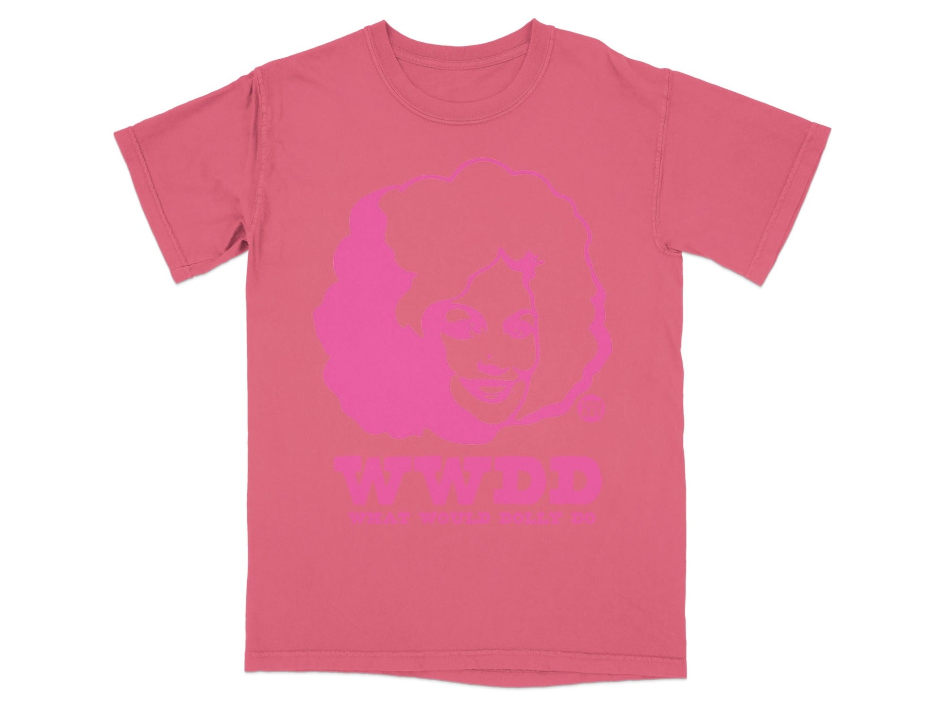 Pink t-shirt with "WWDD" and "WHAT WOULD DOLLY DO" text and a silhouette.