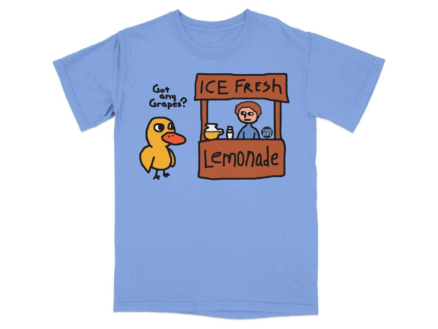 Duck at a lemonade stand with "ICE FRESH LEMONADE" sign.