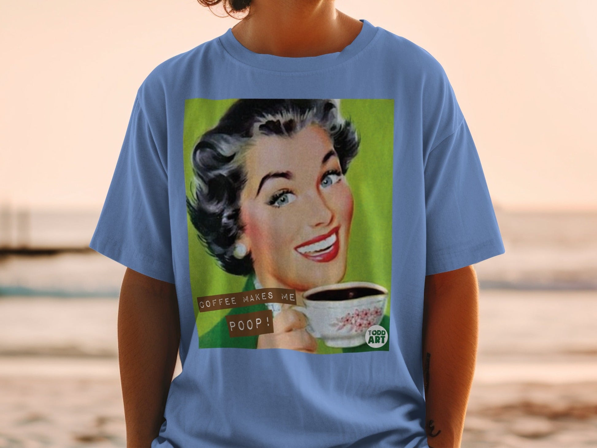 Retro woman with coffee cup, text "COFFEE MAKES ME POOP!"