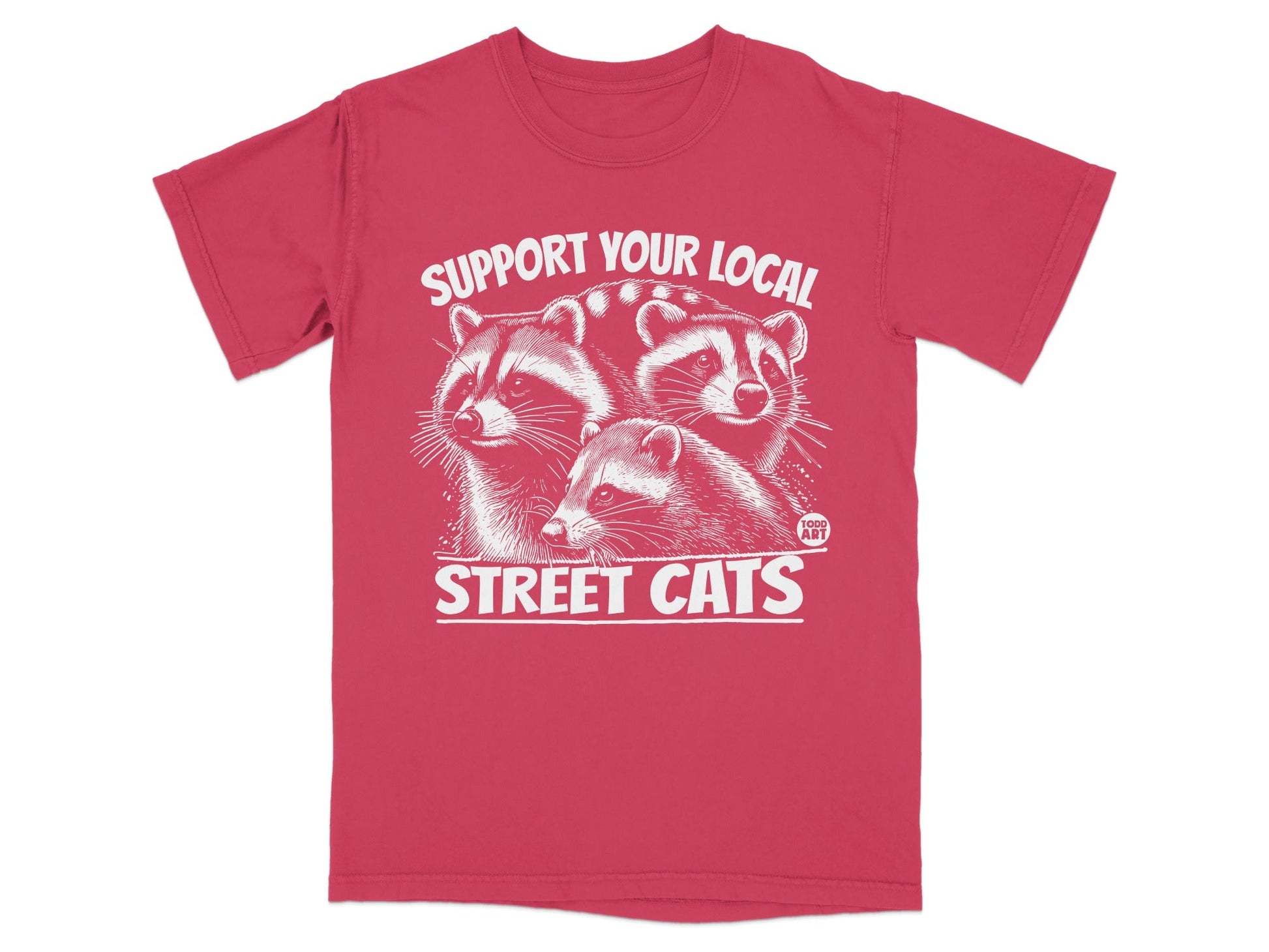 Red t-shirt with "Support Your Local Street Cats" and three raccoon faces graphic.