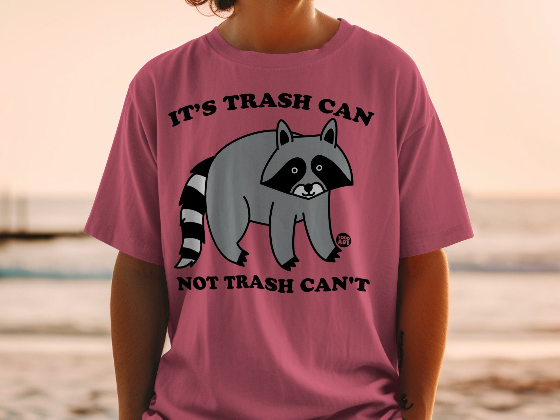 T-shirt with raccoon graphic and text "IT'S TRASH CAN NOT TRASH CAN'T".