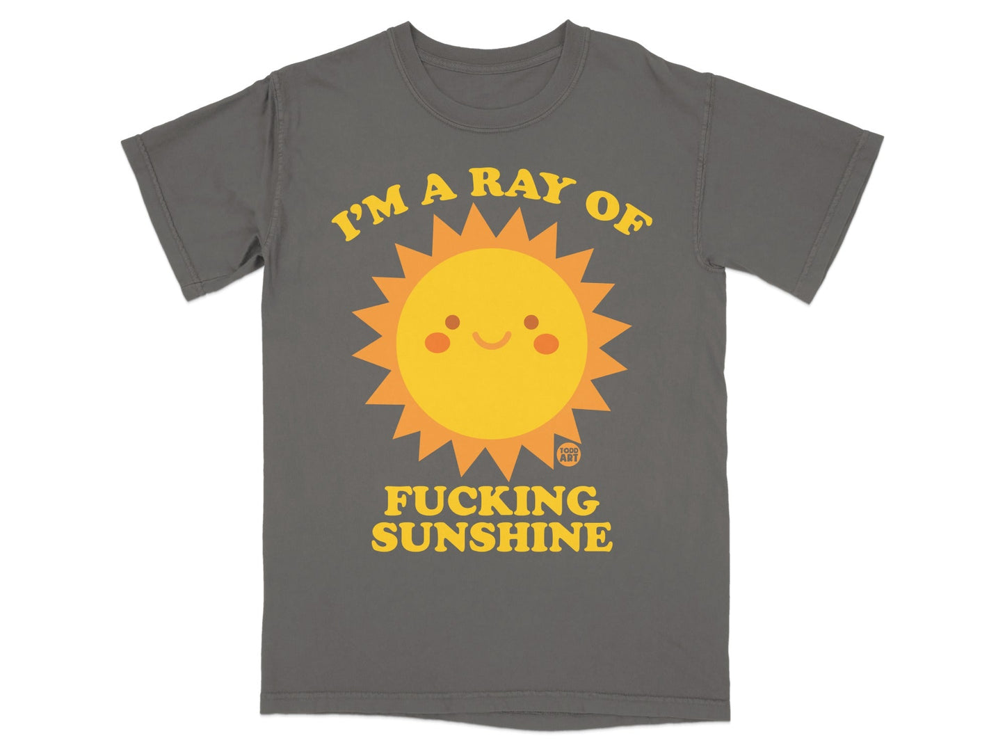 Gray t-shirt with a smiling sun graphic and text "I'm a ray of fucking sunshine."