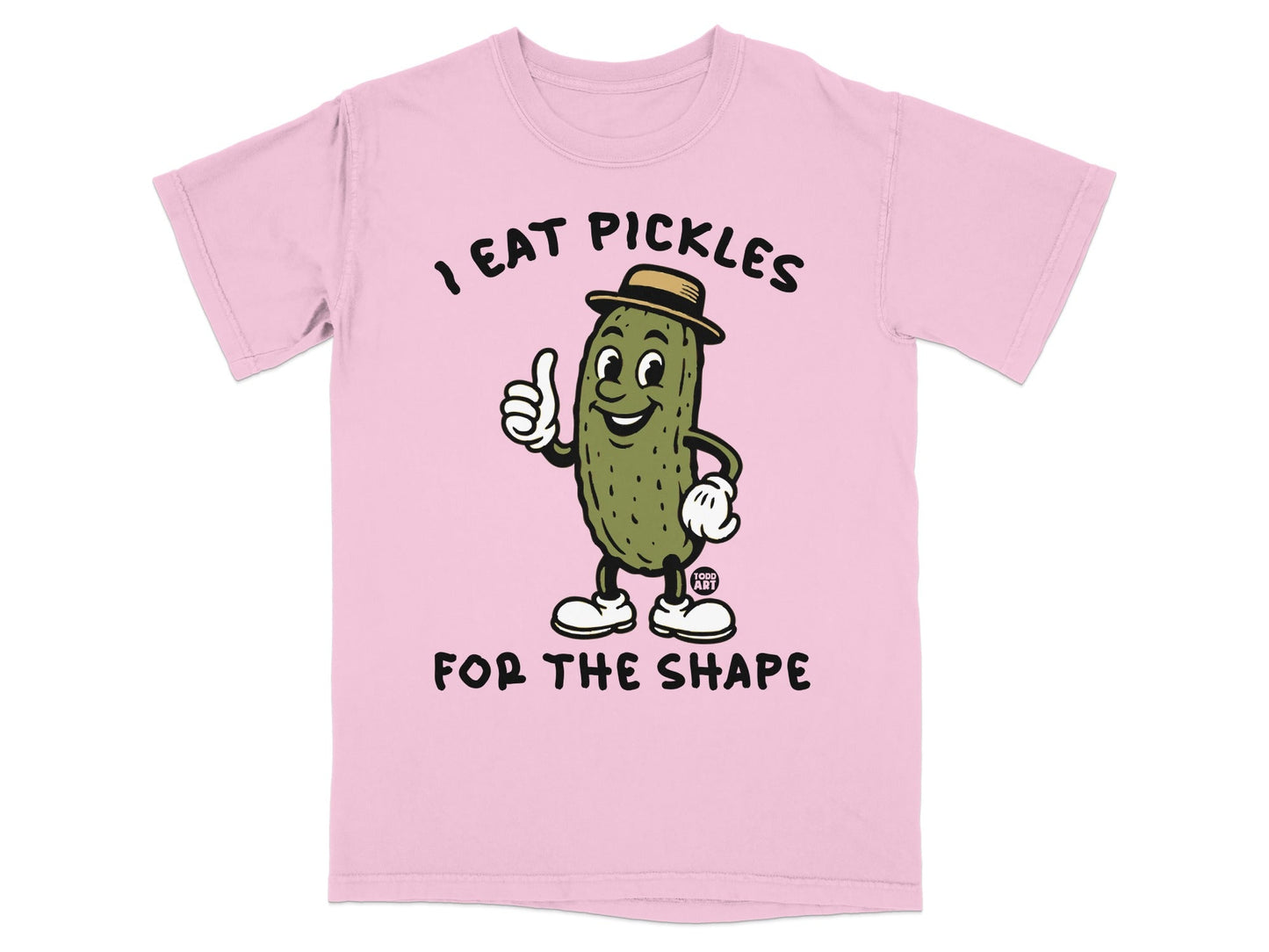 Pink t-shirt with cartoon pickle giving a thumbs up and text "I EAT PICKLES FOR THE SHAPE".