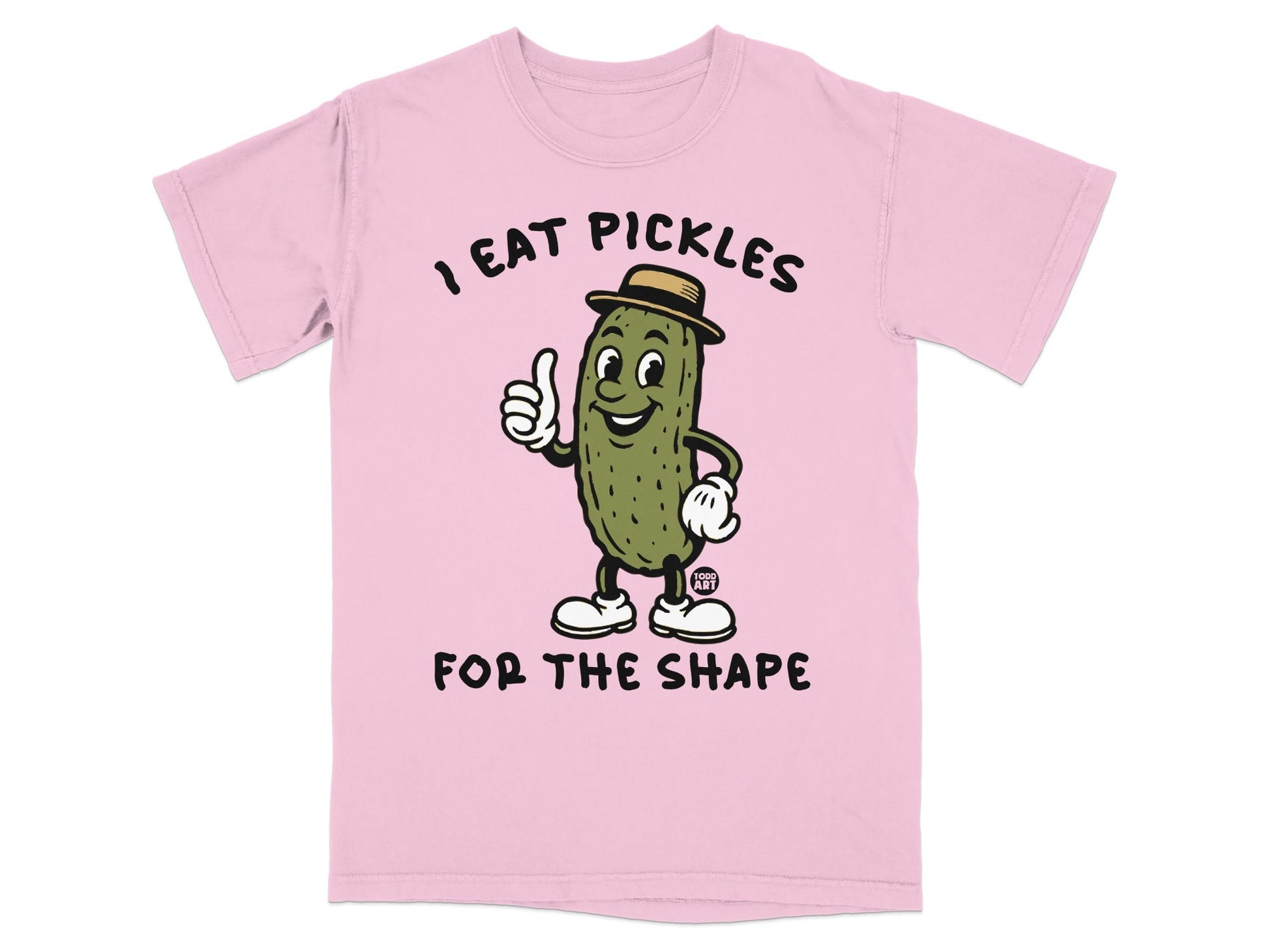 Pink t-shirt with cartoon pickle giving a thumbs up and text "I EAT PICKLES FOR THE SHAPE".