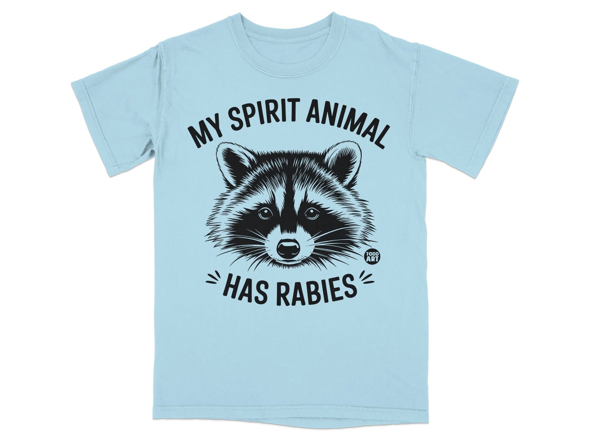 Light blue t-shirt with black raccoon graphic and "MY SPIRIT ANIMAL HAS RABIES" text.