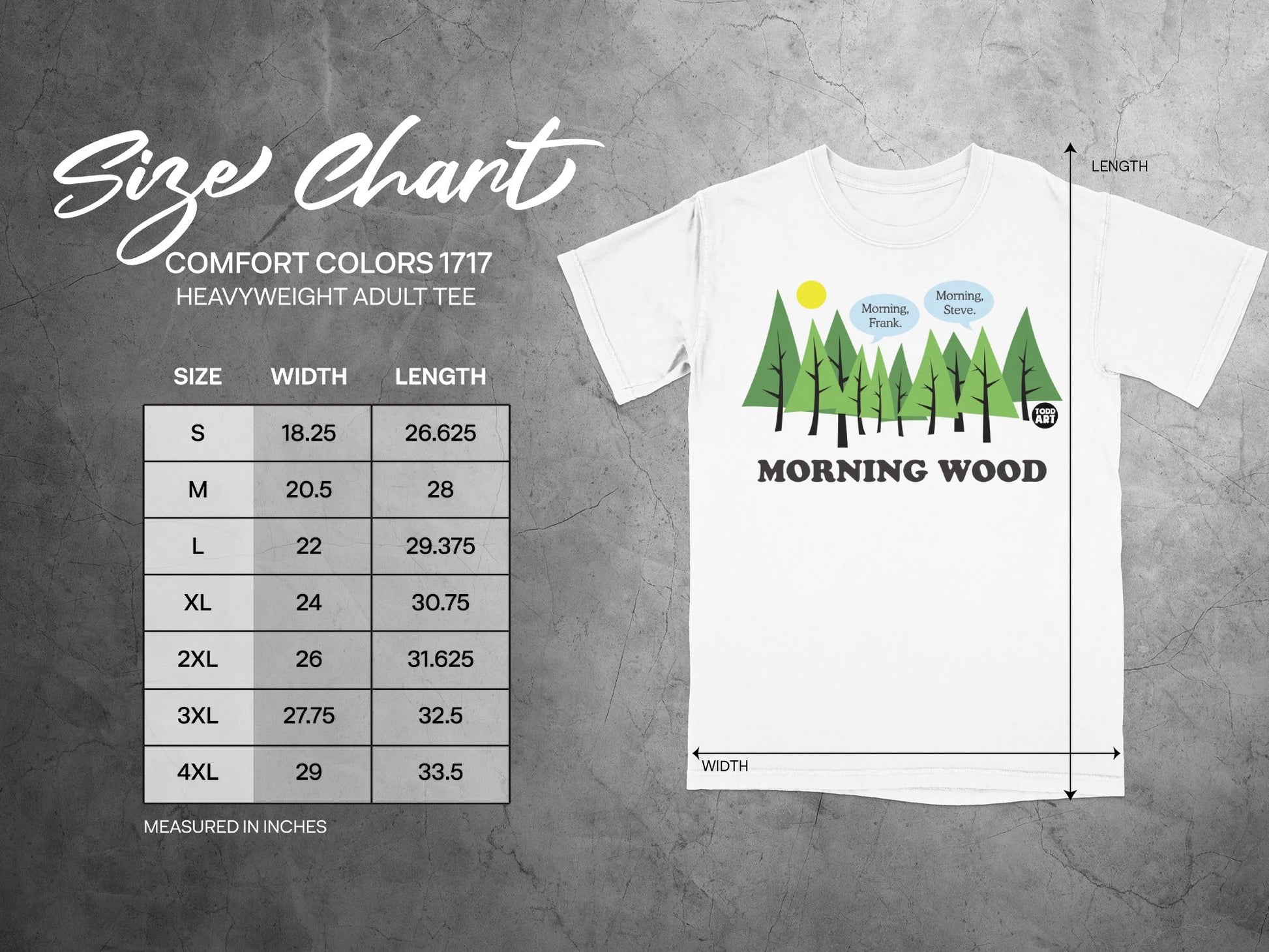 Comfort Colors 1717 heavyweight adult tee size chart with dimensions and a graphic.
