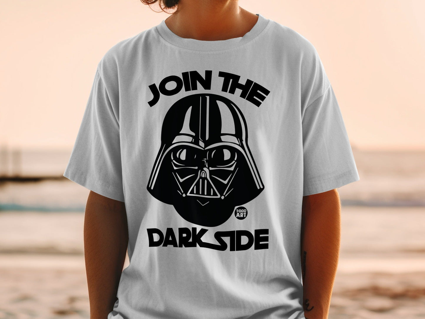 White t-shirt featuring Darth Vader's helmet and "JOIN THE DARK SIDE" text.