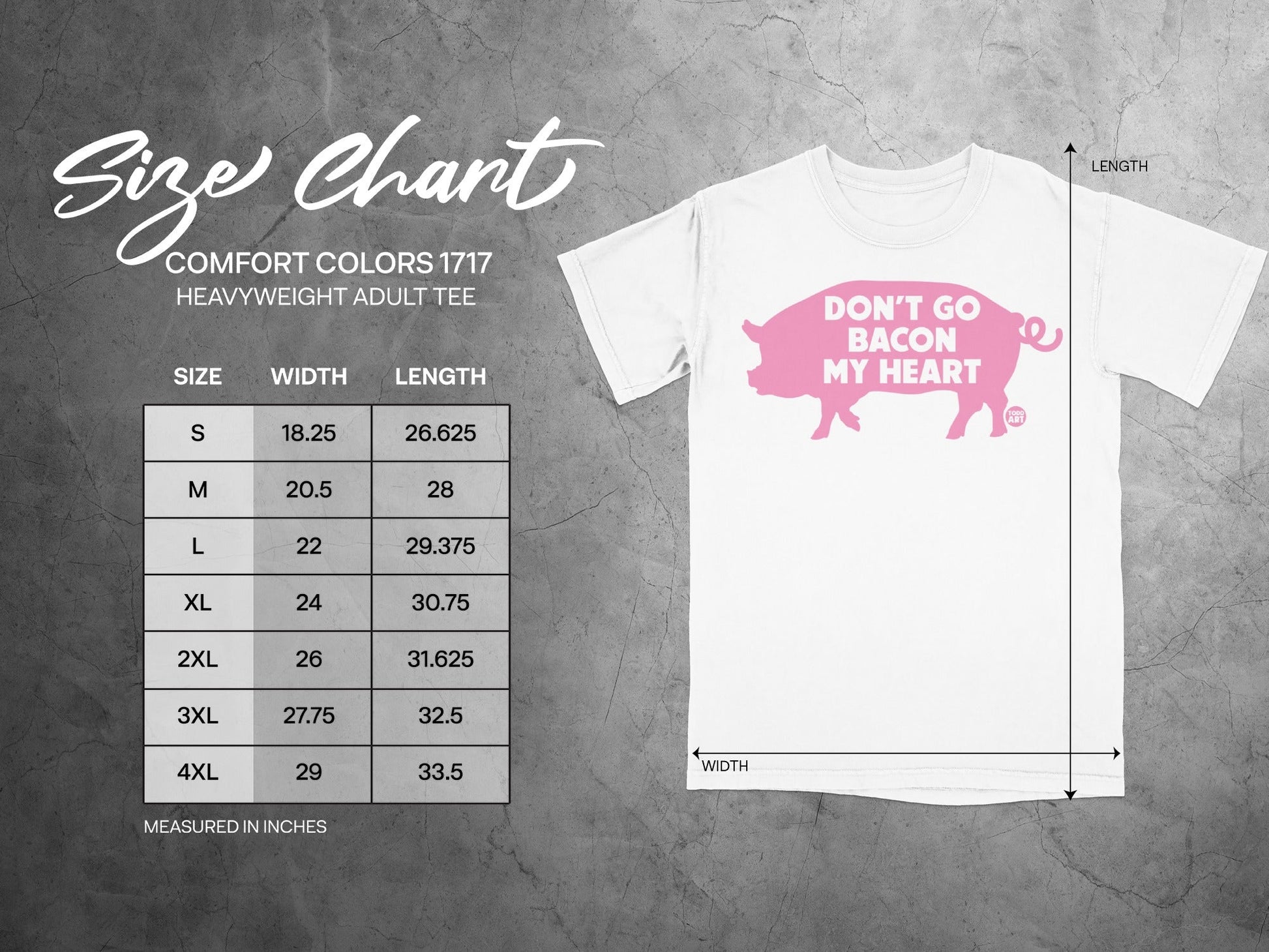 Comfort Colors 1717 size chart for heavyweight adult tee with shirt graphic.