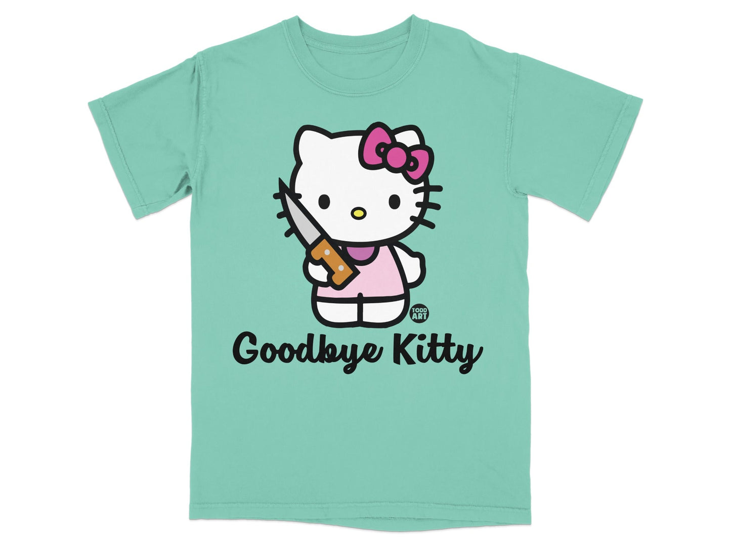 Hello Kitty with pink bow holding a knife, "Goodbye Kitty" text.