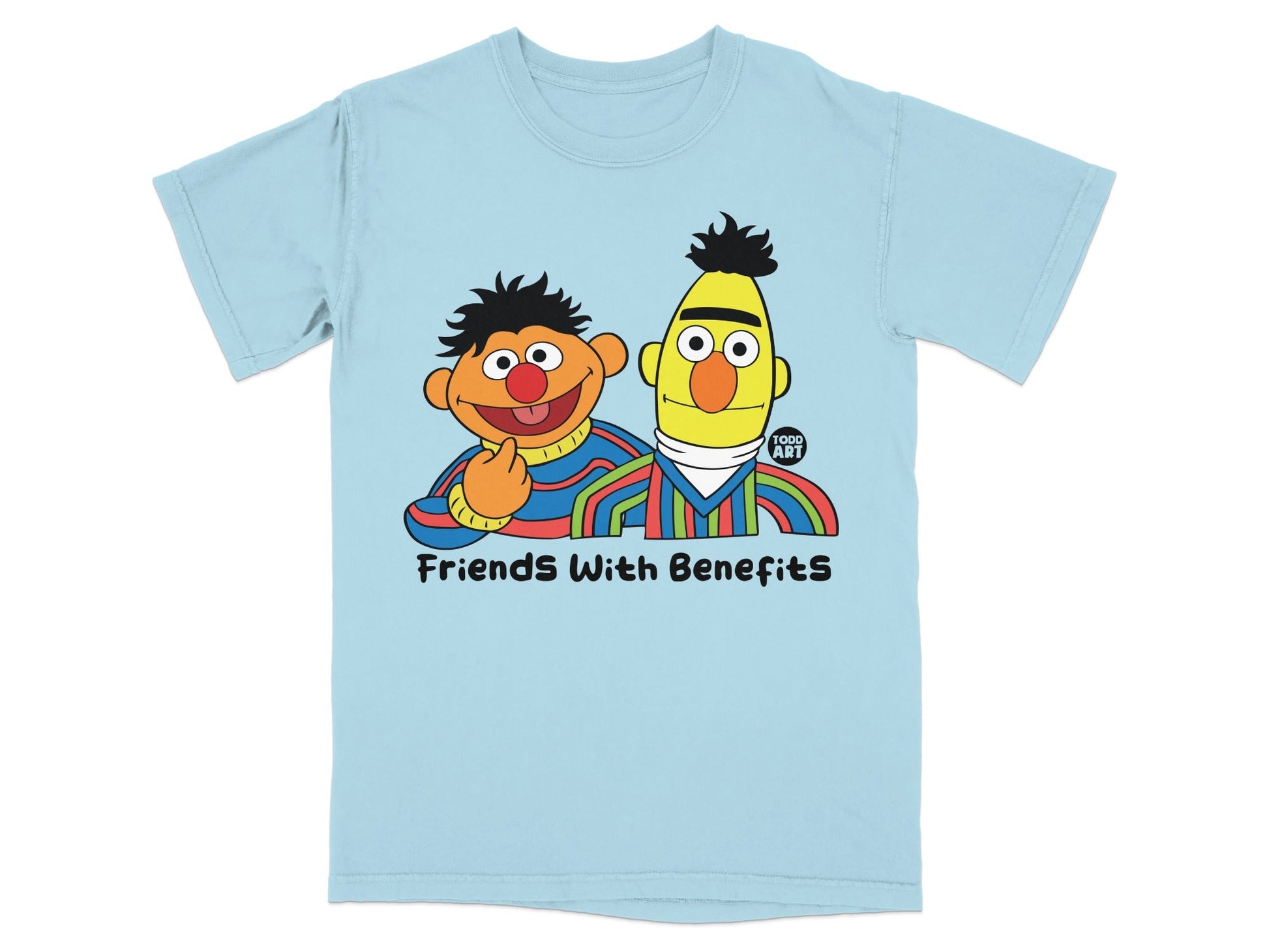 Bert and Ernie graphic t-shirt with "Friends With Benefits" text.