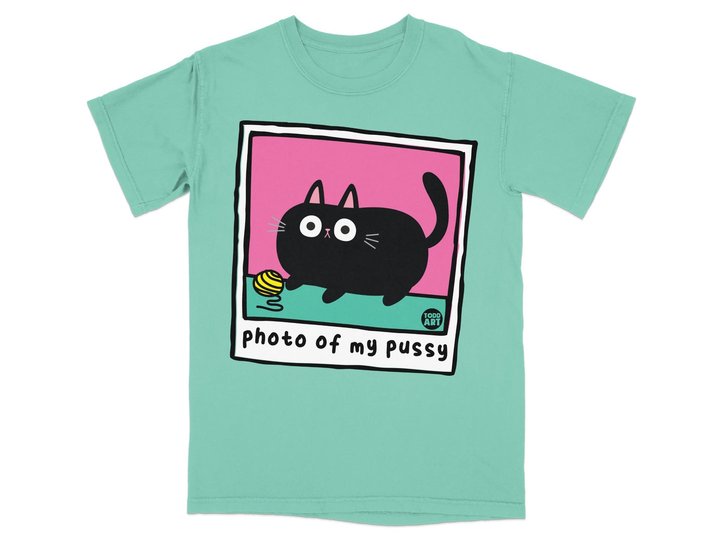 Teal t-shirt with cartoon black cat and yellow yarn, "photo of my pussy" text.