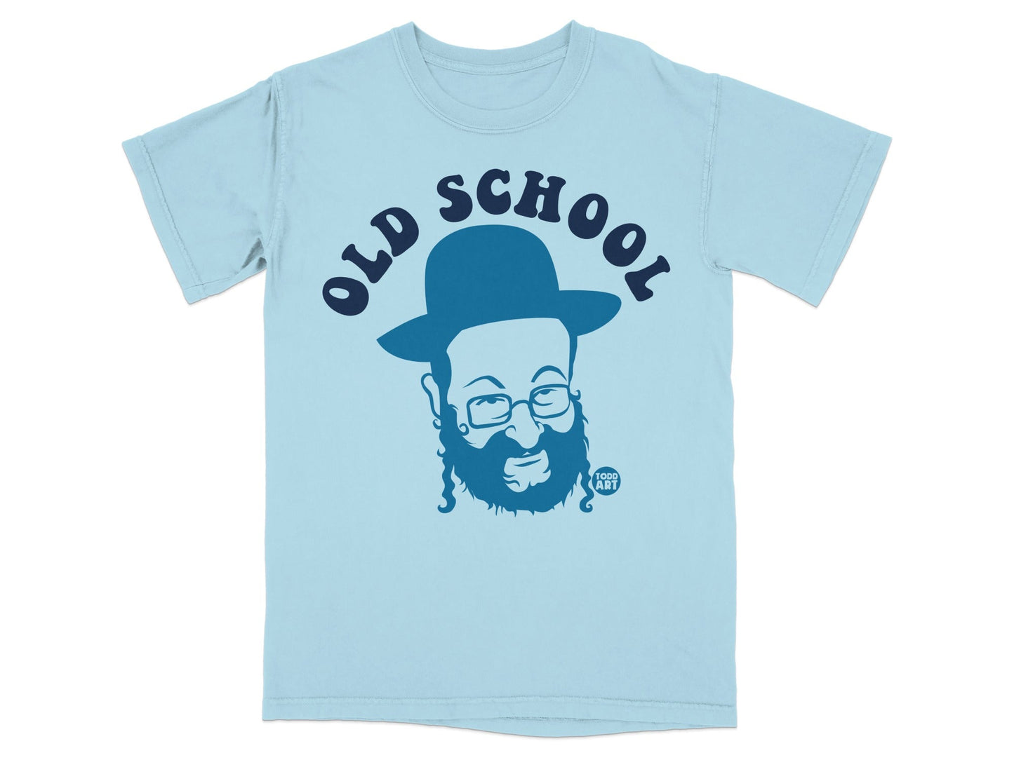 Light blue t-shirt with dark blue "OLD SCHOOL" text and a cartoon illustration.