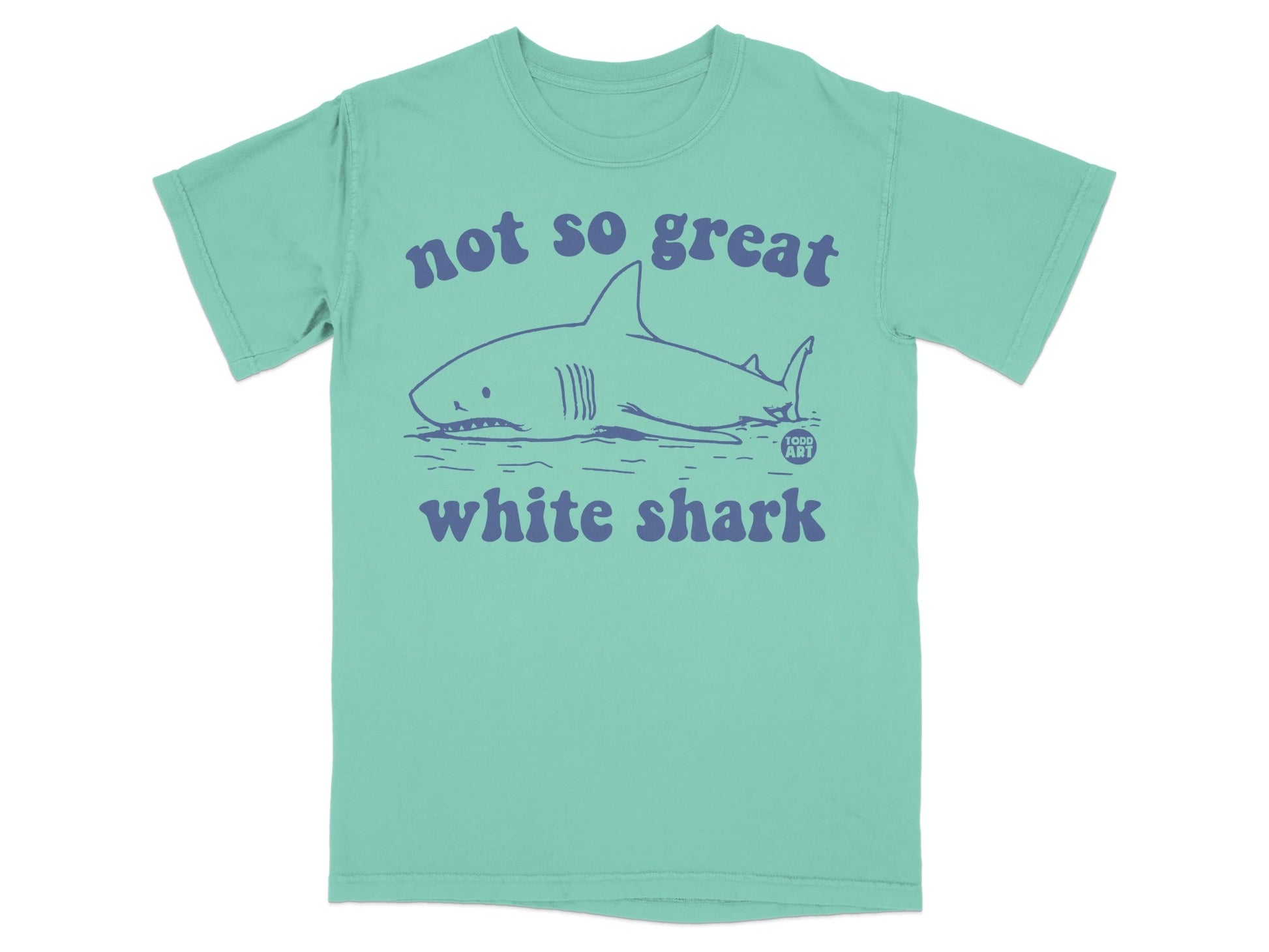 Mint t-shirt with blue shark illustration and "not so great white shark" text.