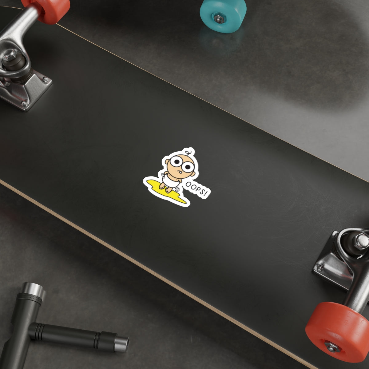 Fun Cartoon Oops Character Skateboard Deck Design