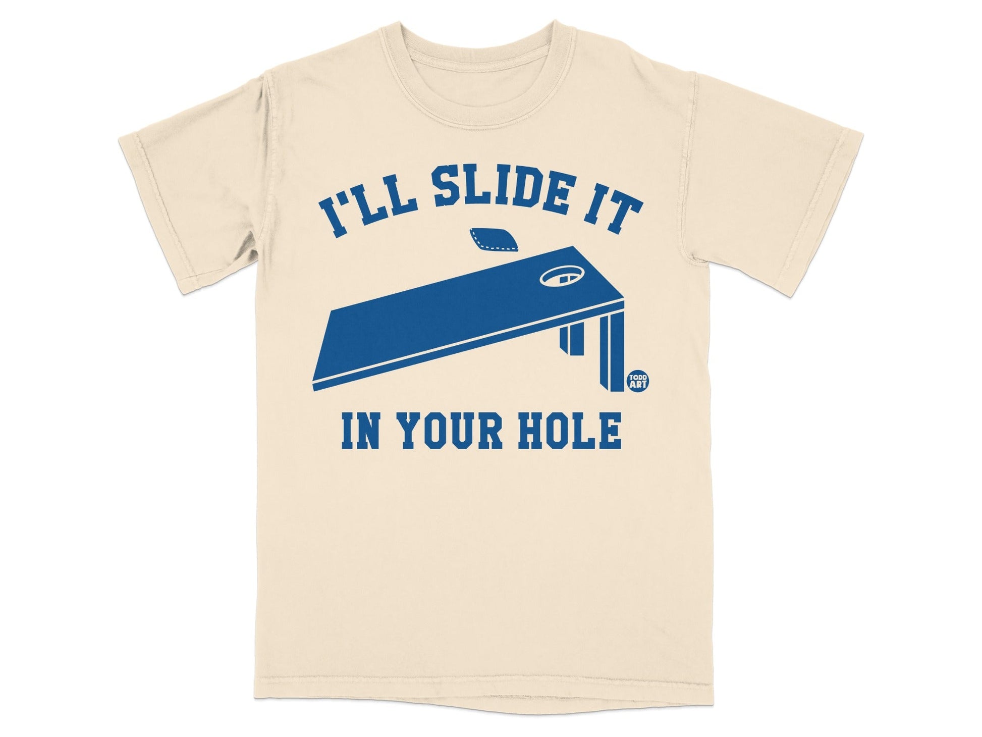 Cream t-shirt with blue text and graphic of a cornhole board.